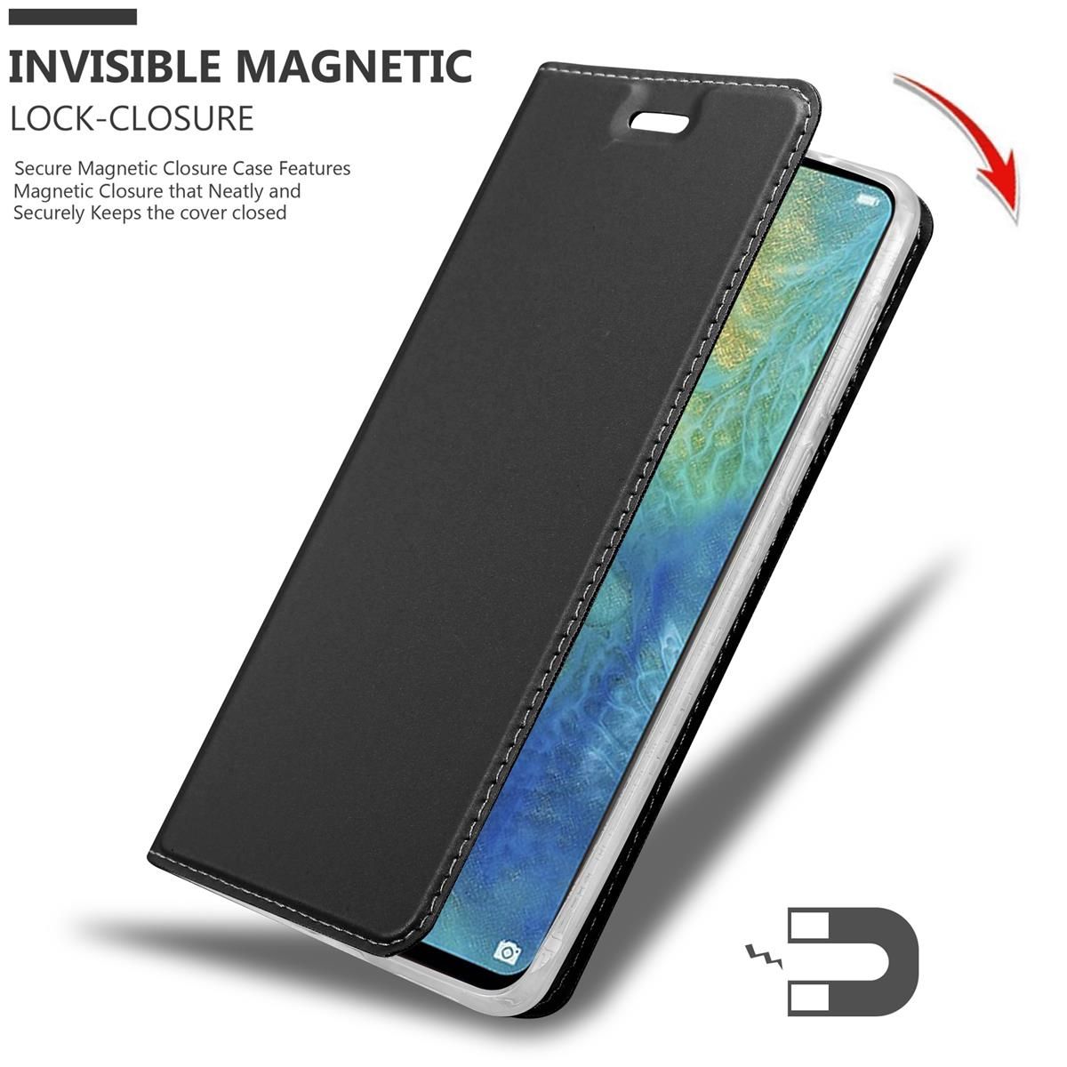 Eine schwarze Handyhülle mit offenem Deckel und einem Magneten. Ein roter Pfeil zeigt die Öffnungsrichtung an.