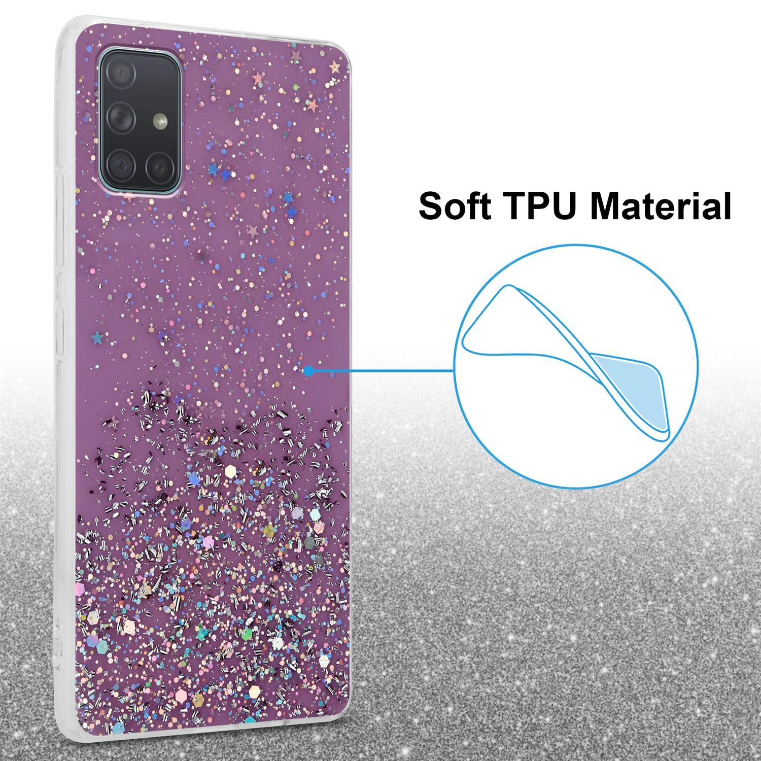 Lila Handyhülle mit Glitzer und Sternen auf hell-glitzerndem Hintergrund.