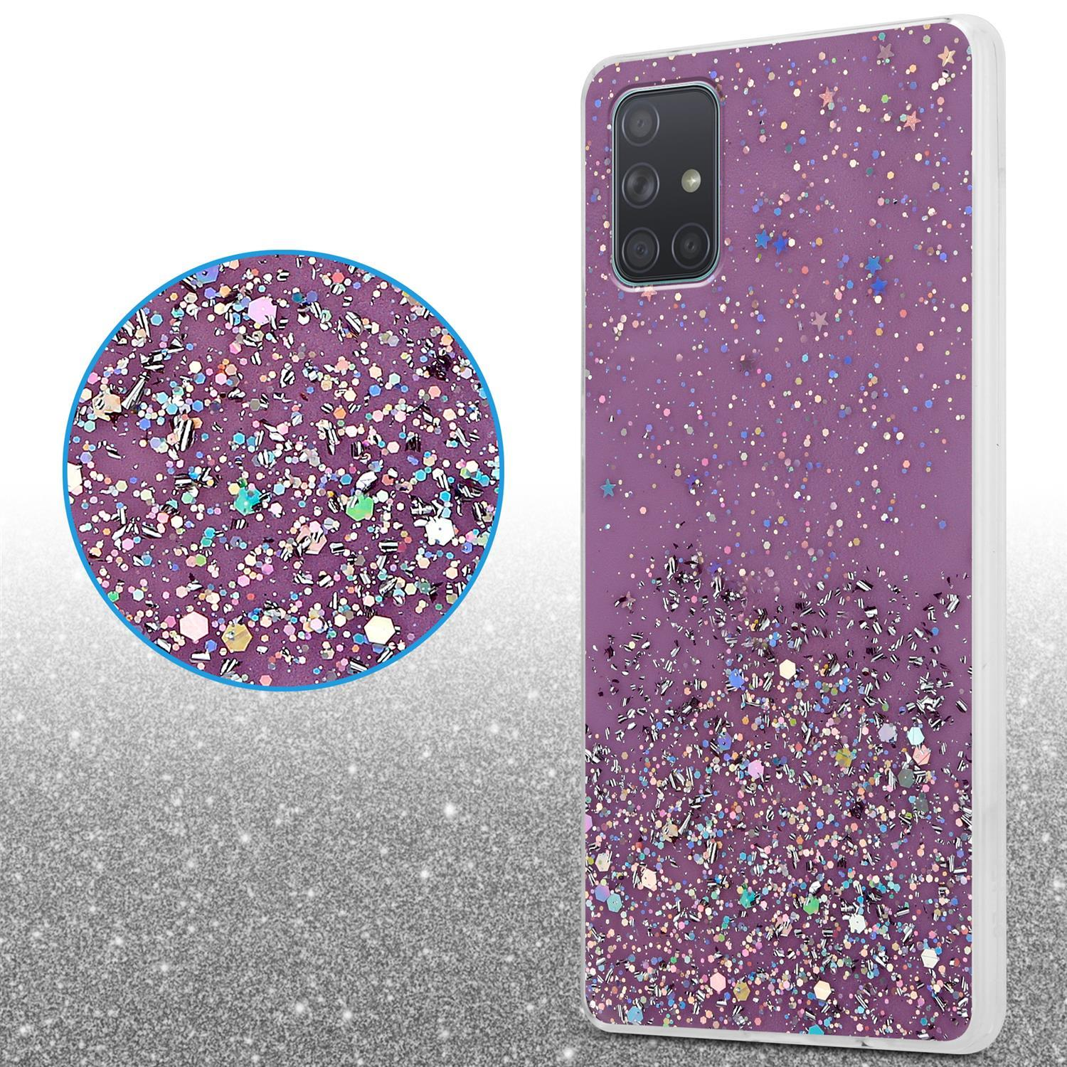 Lila Handyhülle mit Glitzer. Die Hülle zeigt die Rückseite des Telefons. Nahaufnahme Glitzer.