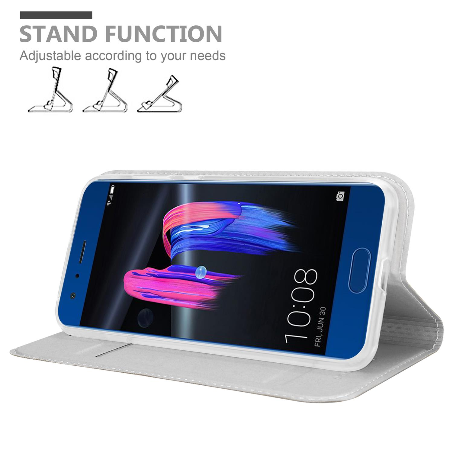 Un telefono in una custodia bianca è visualizzato in posizione di supporto. Lo schermo mostra un'immagine astratta blu e rosa.