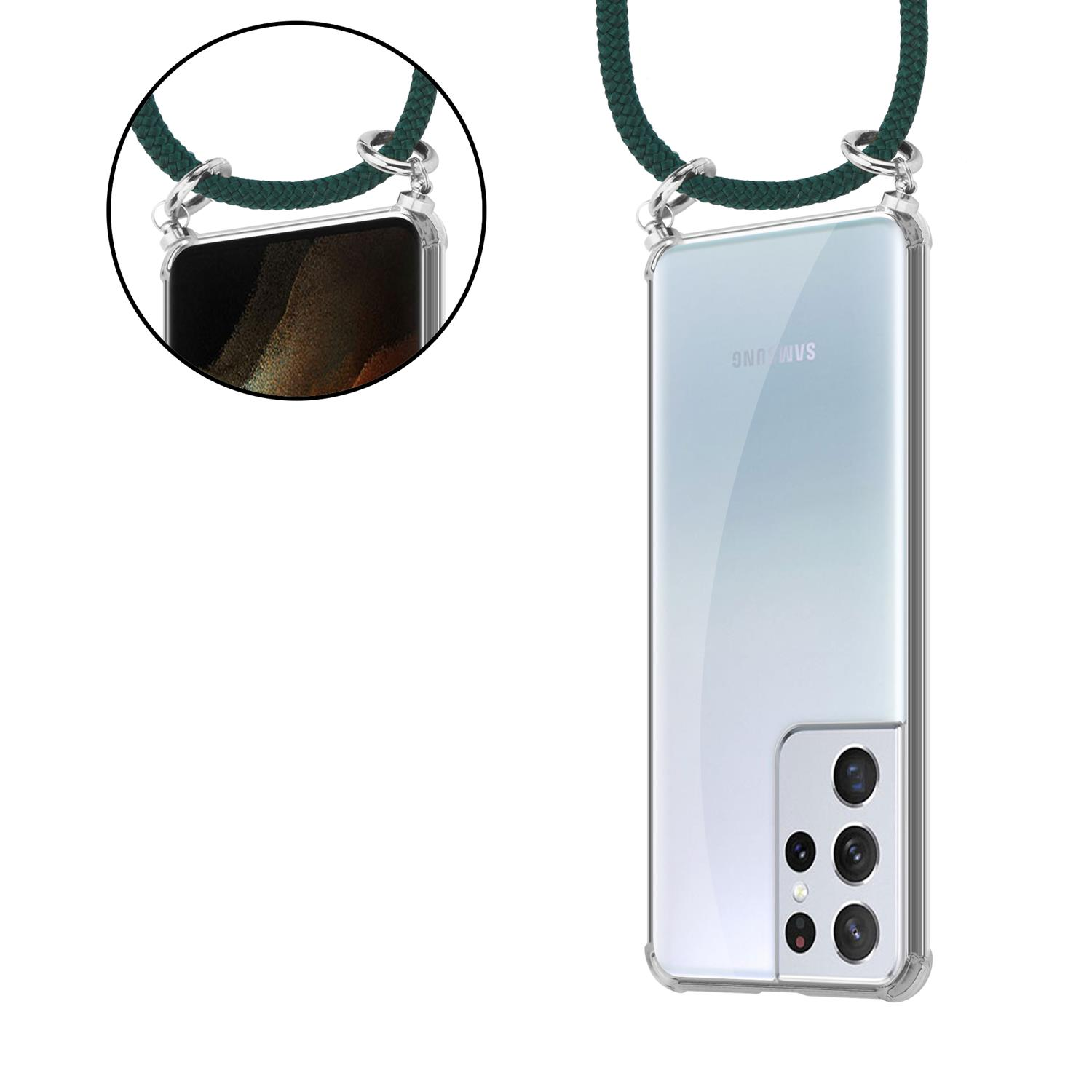 Ein Telefon in einer transparenten Hülle mit grünem Riemen. Das Telefon wird vorne und hinten gezeigt.