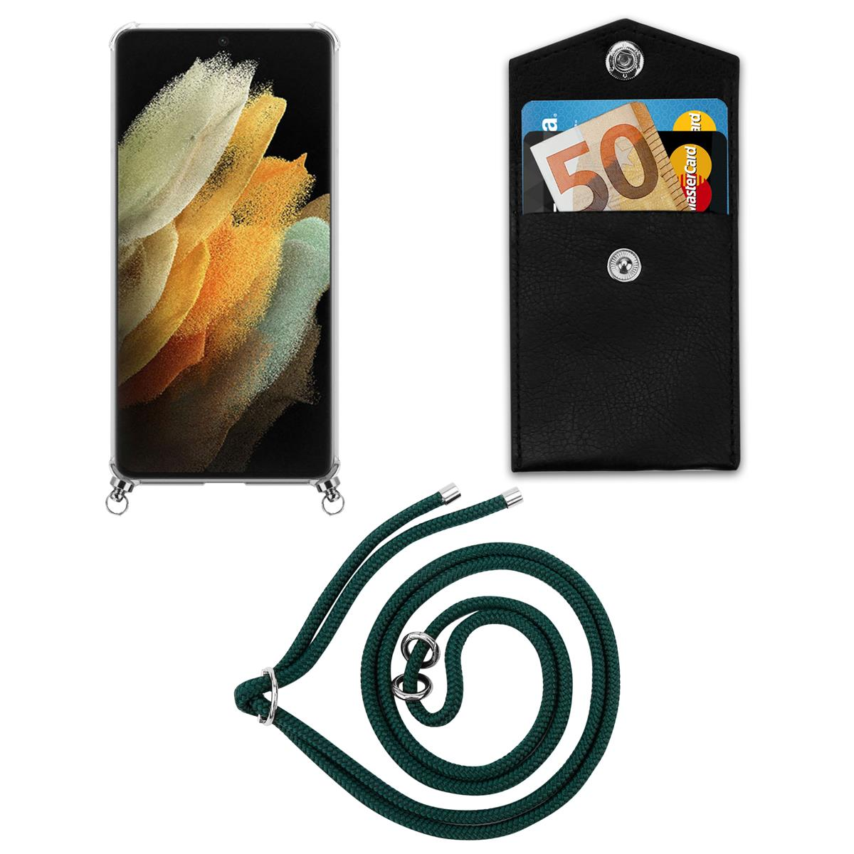 Telefon mit klarer Hülle mit Trageriemen und kleiner schwarzer Brieftasche mit Geld.