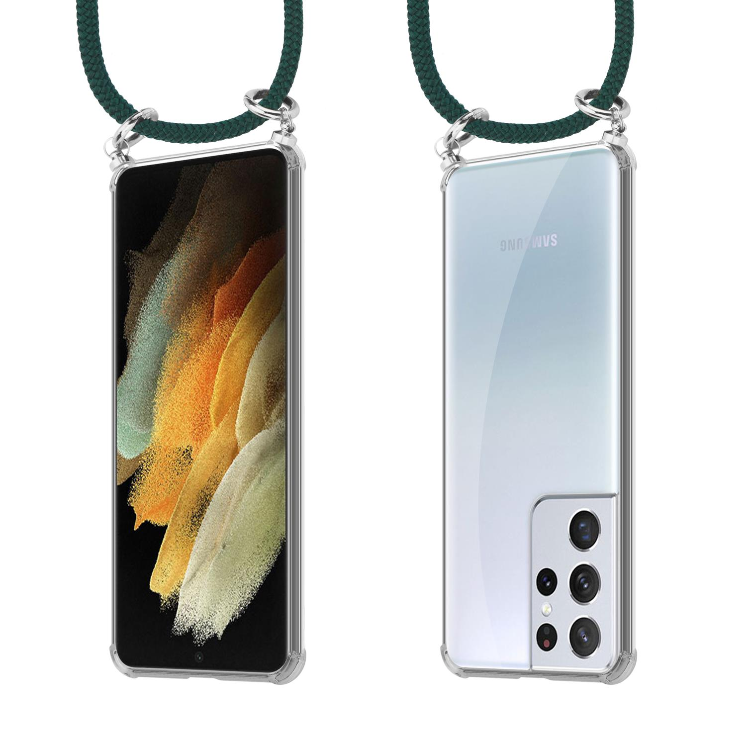 Telefon mit klarer Hülle und Umhängeband, das Telefon ist vorne und hinten.