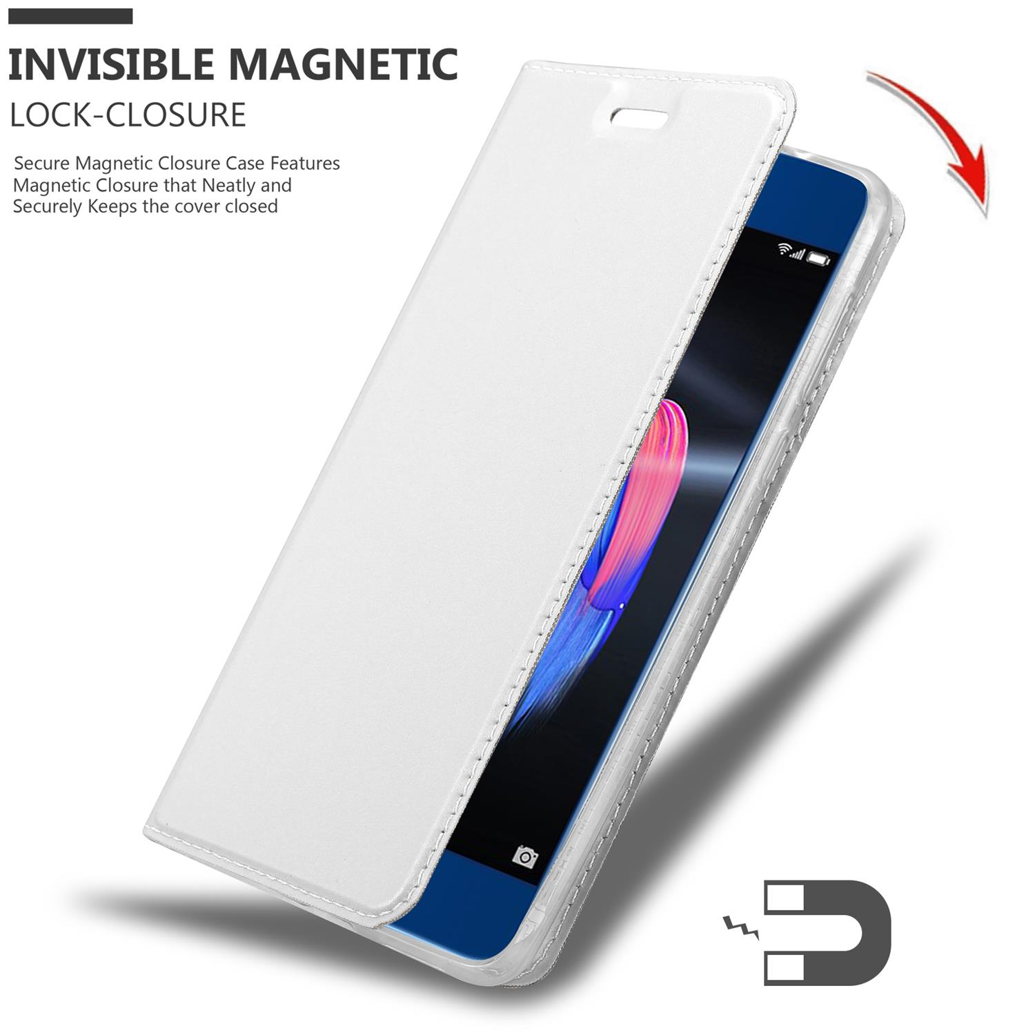 Custodia per telefono bianca con chiusura magnetica, aperta per rivelare un telefono.
