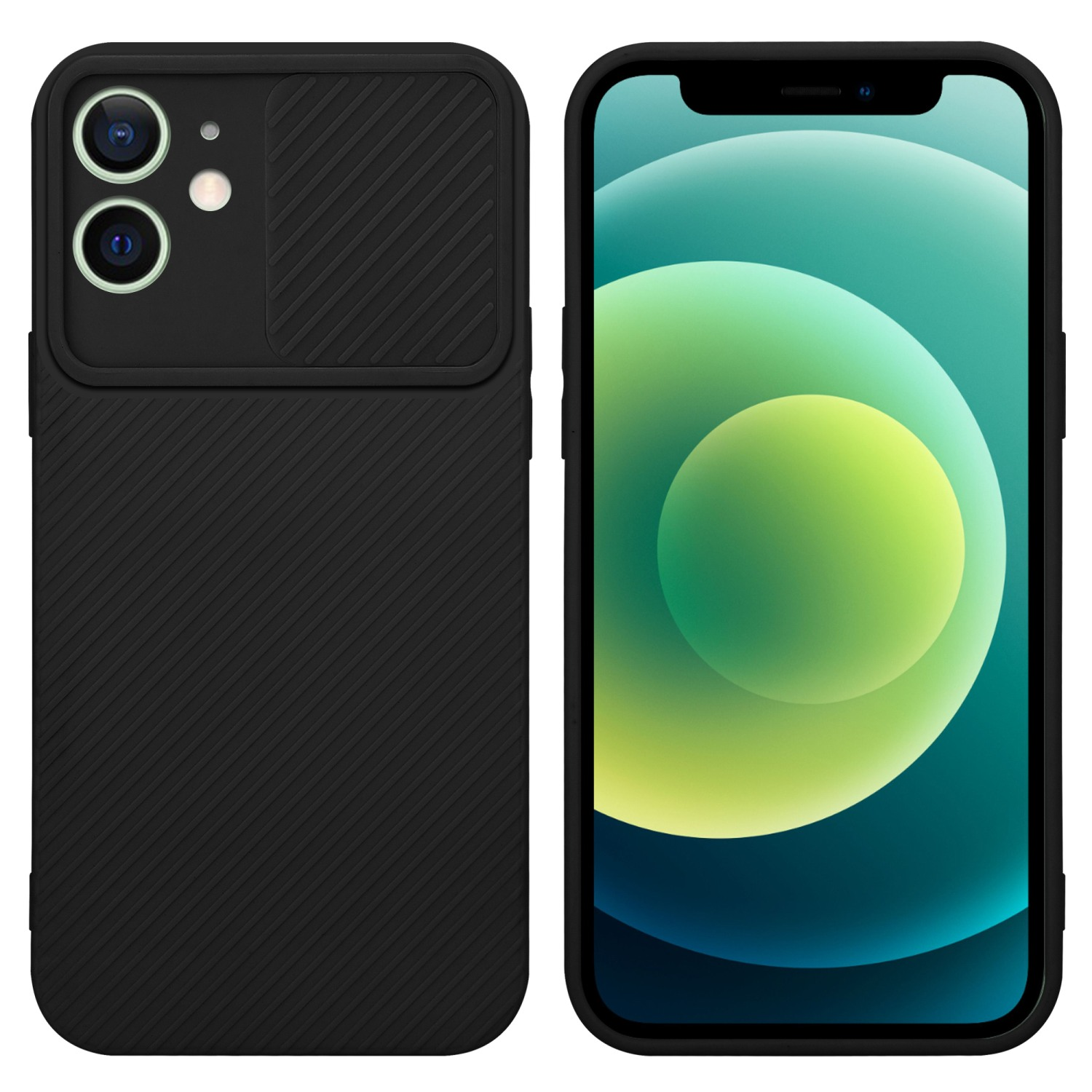 Schwarze Handyhülle mit Kameraabdeckung und einem Telefon mit grünem Bildschirm darin.