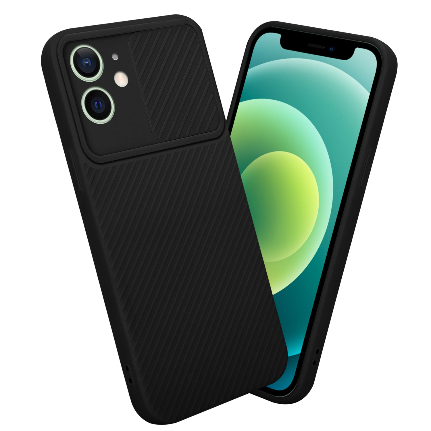 Eine schwarze Handyhülle mit Kameraabdeckung und ein Telefon mit grünem Bildschirm.