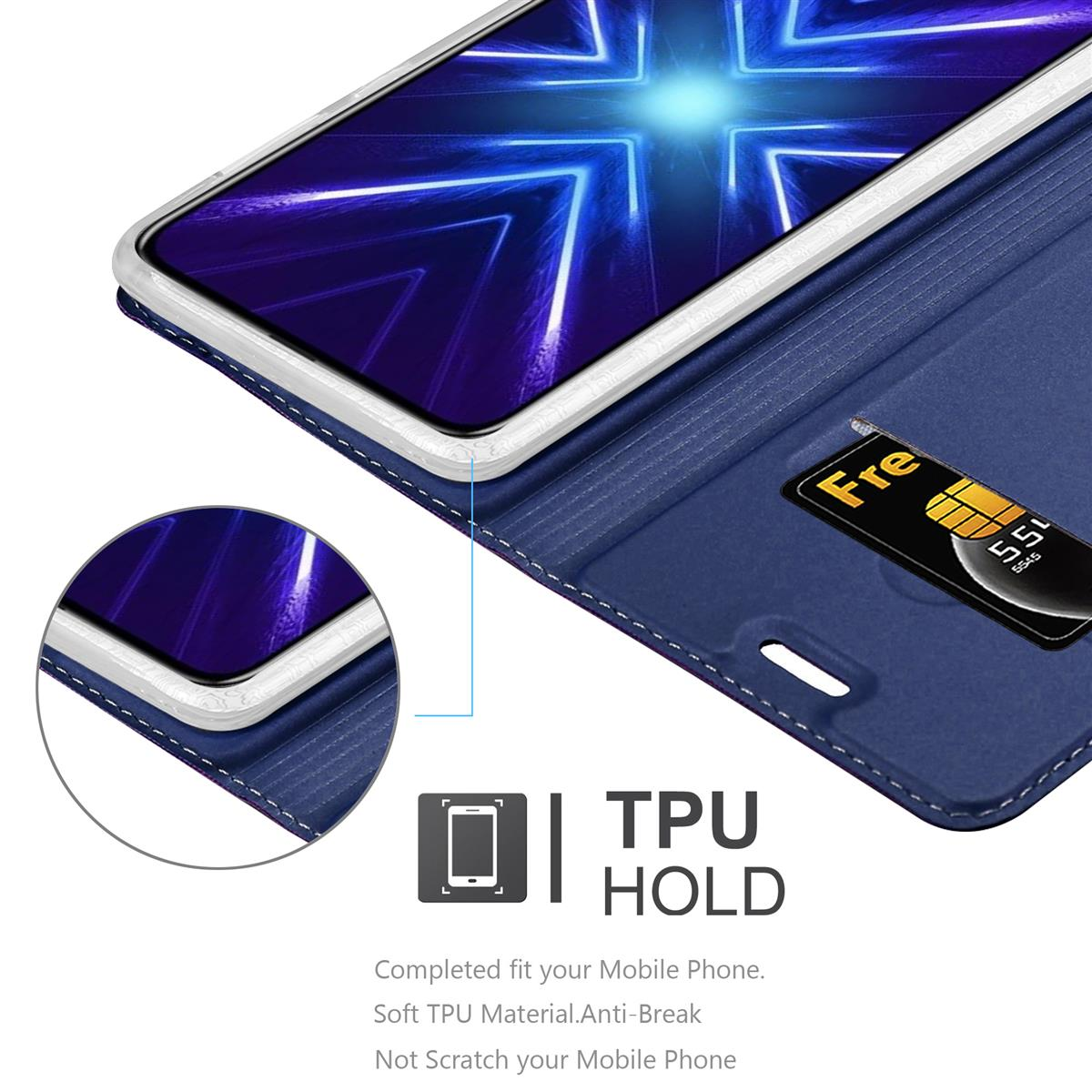 Blaue Handyhülle, offen, mit Karte und Telefon. Die Hülle zeigt ein Neonlicht-Design.