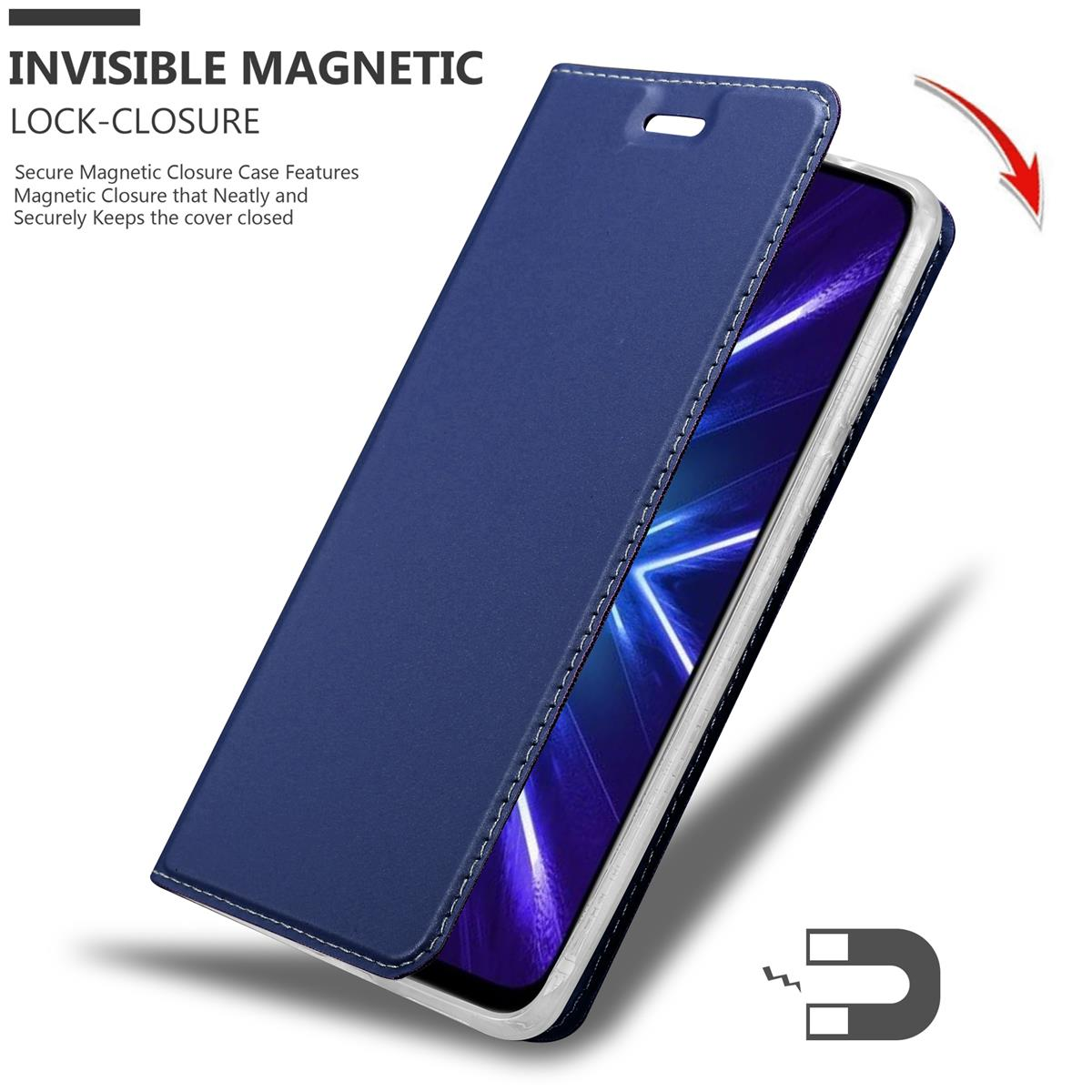 Blaue Handyhülle mit Magnetverschluss, zeigt Telefon innen.