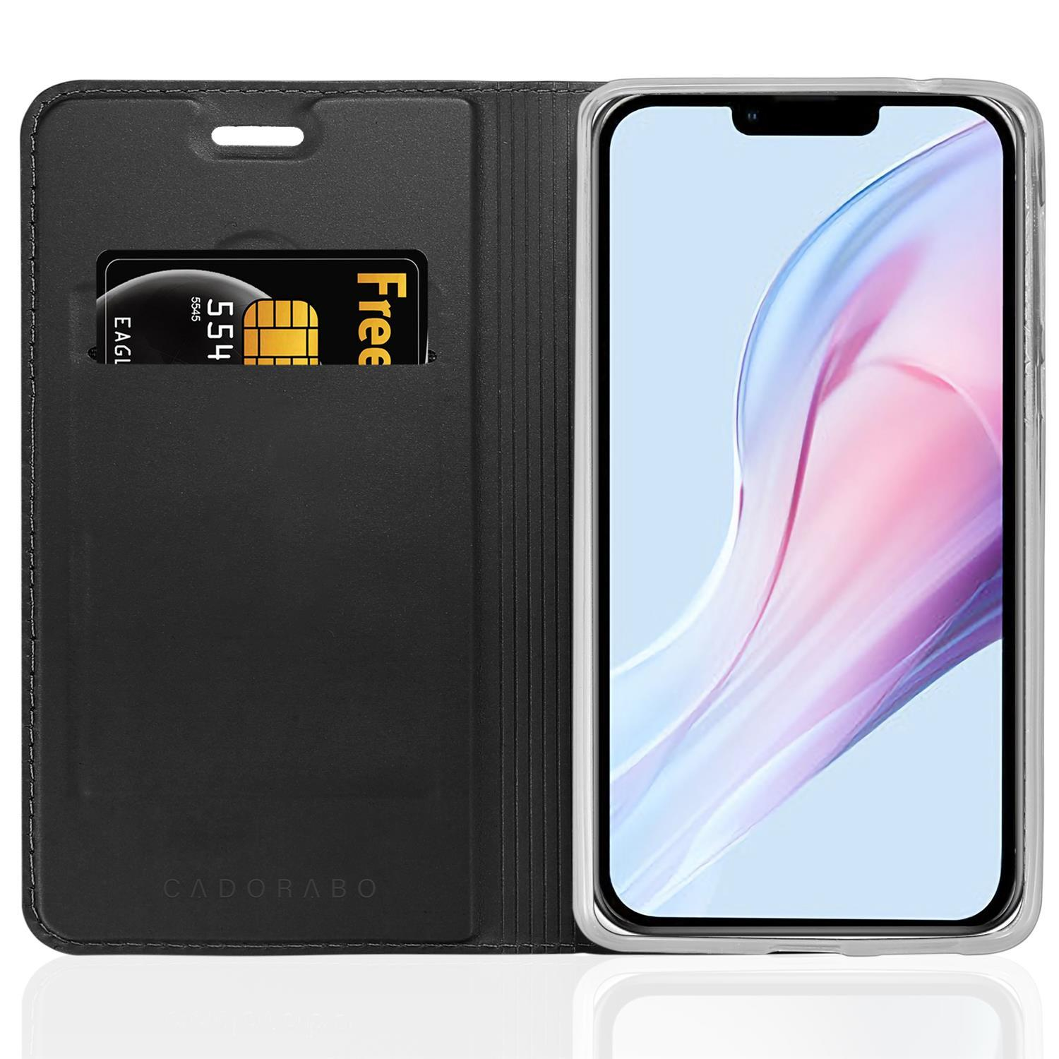 Schwarze Handyhülle mit Karte und Telefon mit farbigem Bildschirm.