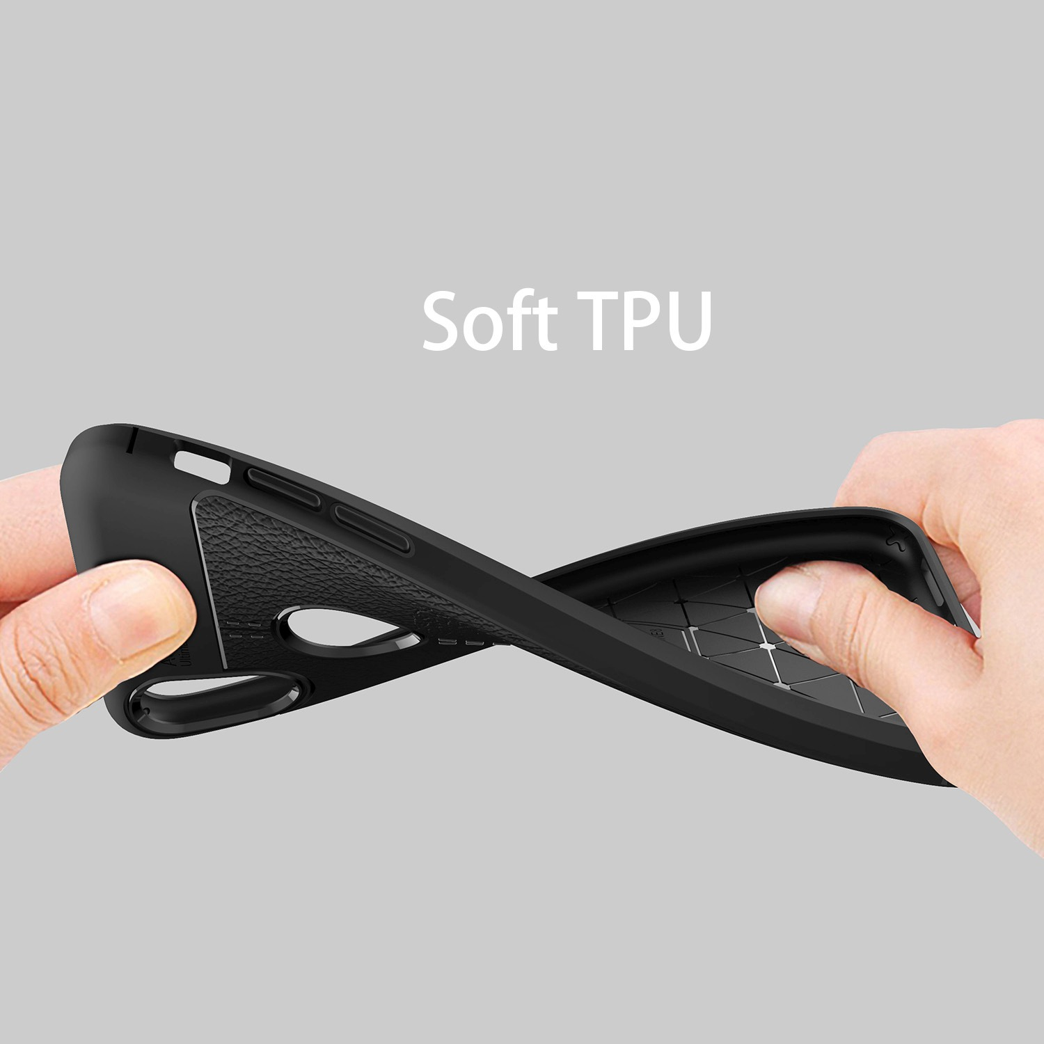 Hände biegen eine schwarze TPU-Handyhülle. Die Hülle ist flexibel, mit dem Text 'Soft TPU'.
