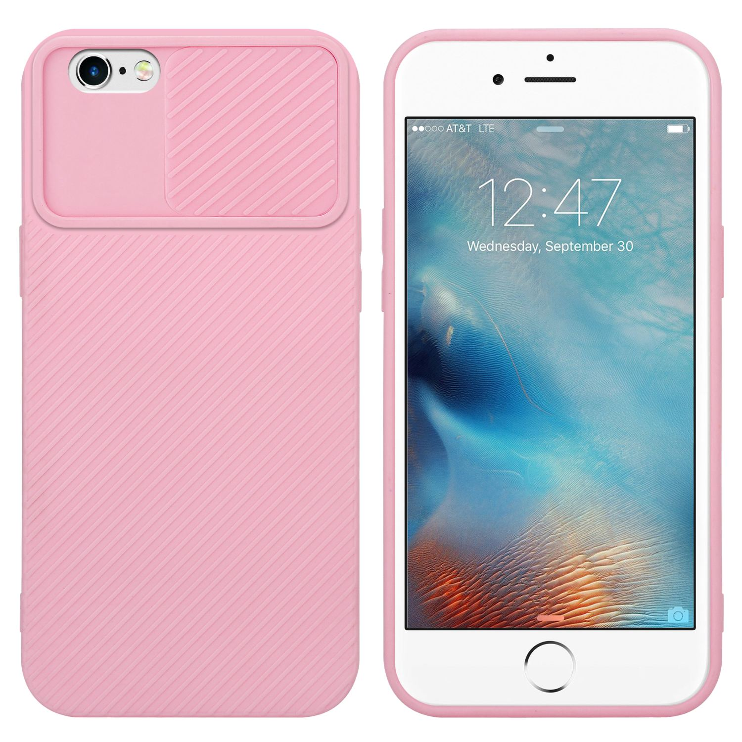 Rosa Handyhülle mit Kameraabdeckung und einem Handy. Das Handy zeigt Zeit und Datum.