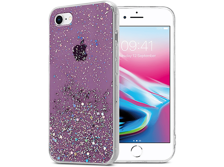 CADORABO Schutzhülle mit funkelnden Glitter, Backcover, Apple, iPhone 7 / 7S / 8 / SE 2020, Lila mit Glitter