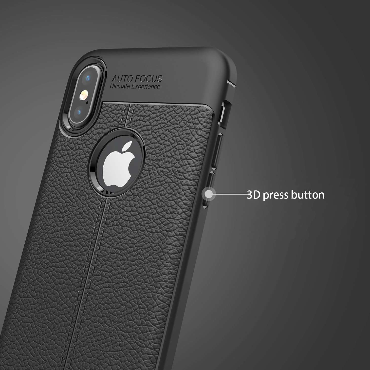 Schwarze Handyhülle mit Apple-Logo und 3D-Druckknopf auf dunklem Hintergrund.