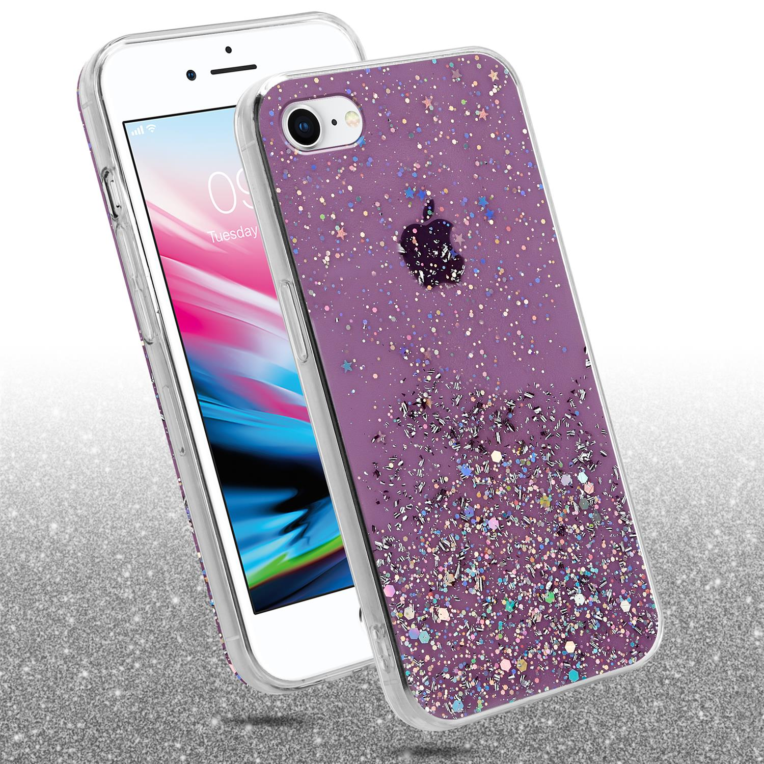 Glitzer-Handyhülle mit einem Telefon darin. Das Telefon und die Hülle sind leicht angewinkelt.