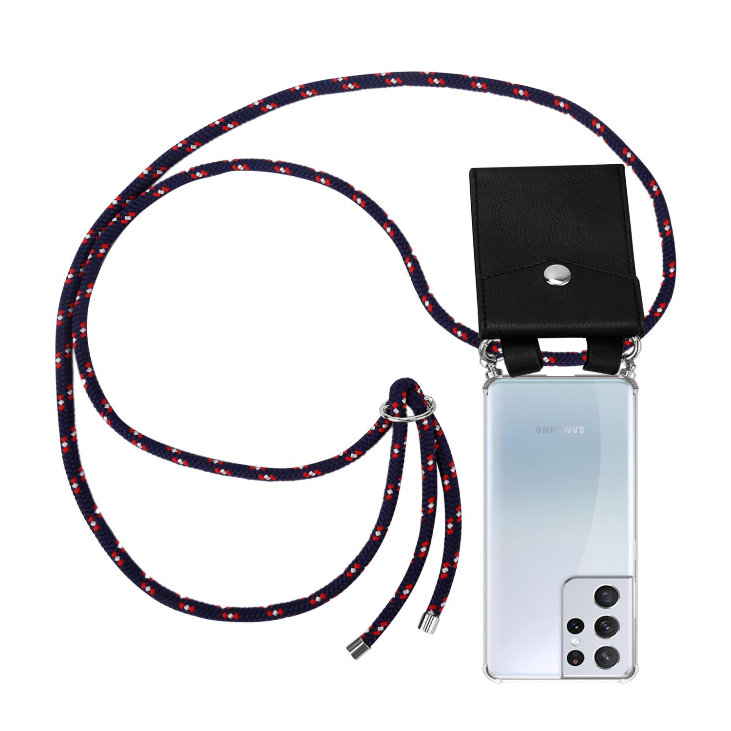 Ein Smartphone mit einem Lanyard und einem schwarzen Kartenhalter aus Leder, der an der Schnur befestigt ist.