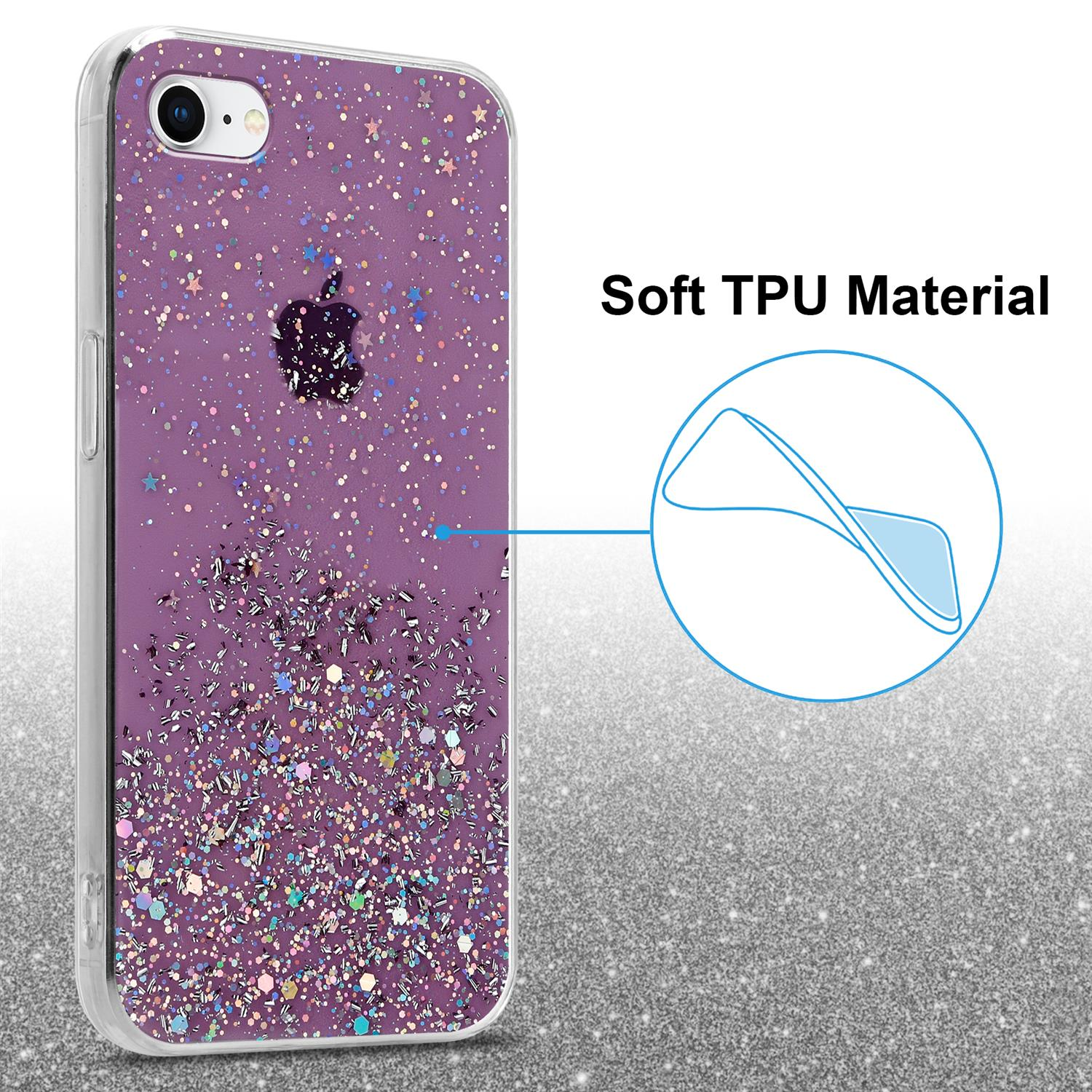 Lila Handyhülle mit Glitzer. Text 'Weiches TPU-Material'. Apple-Logo auf der Rückseite.