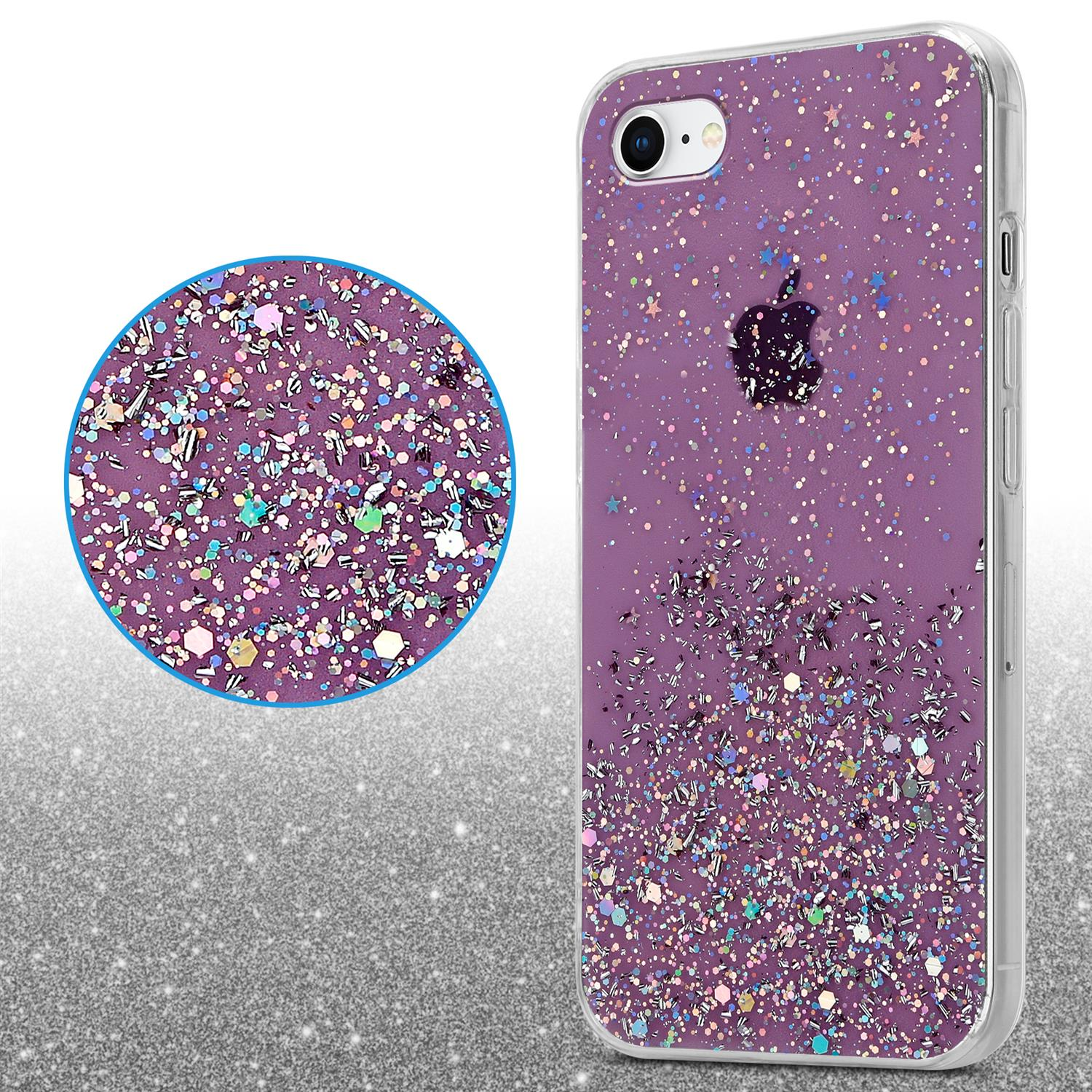 Lila Handyhülle mit Glitzer. Nahaufnahme zeigt Glitzerdetails.