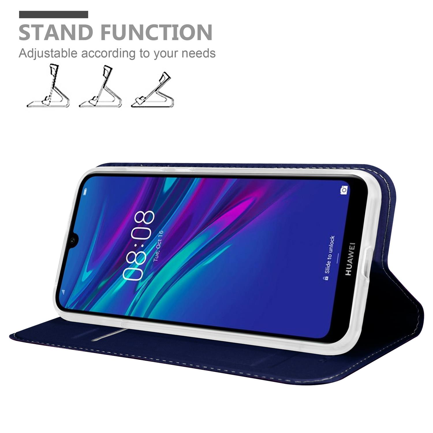 Custodia blu per telefono come supporto. Sfondo bianco.