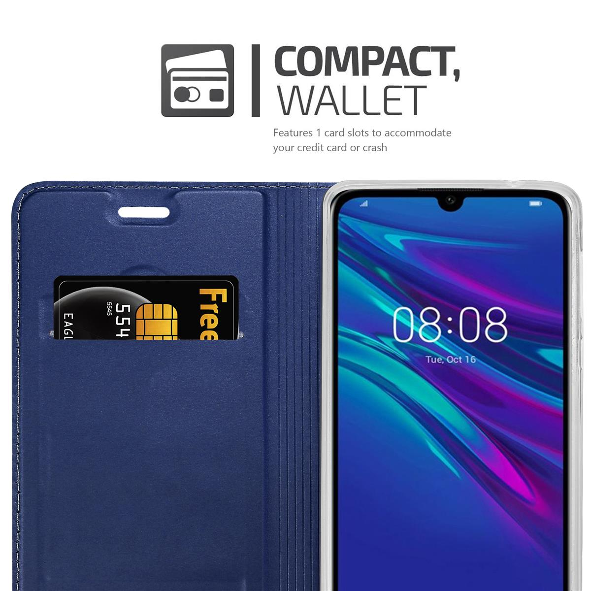 Custodia blu con fessura per carte e carta di credito. Testo: Portafoglio compatto. Sfondo bianco.