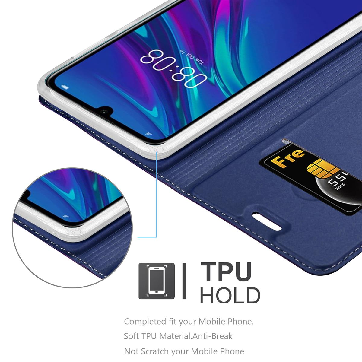 Custodia blu per telefono aperta, mostrando telefono e carta di credito. Funzione TPU in evidenza.