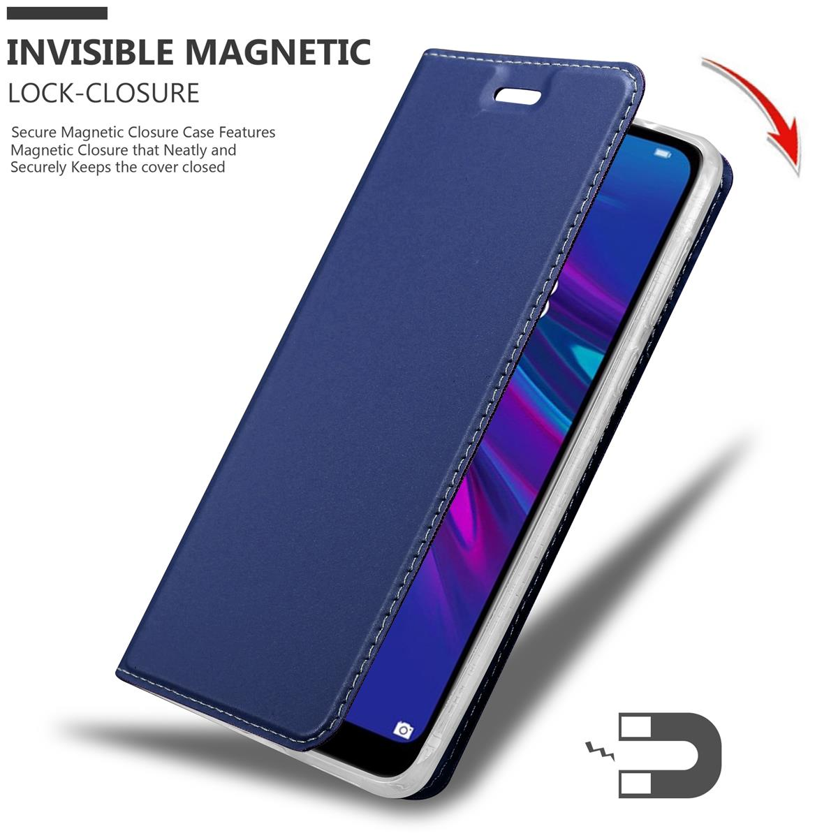 Custodia blu per telefono aperta, mostra il telefono. Chiusura magnetica in evidenza.