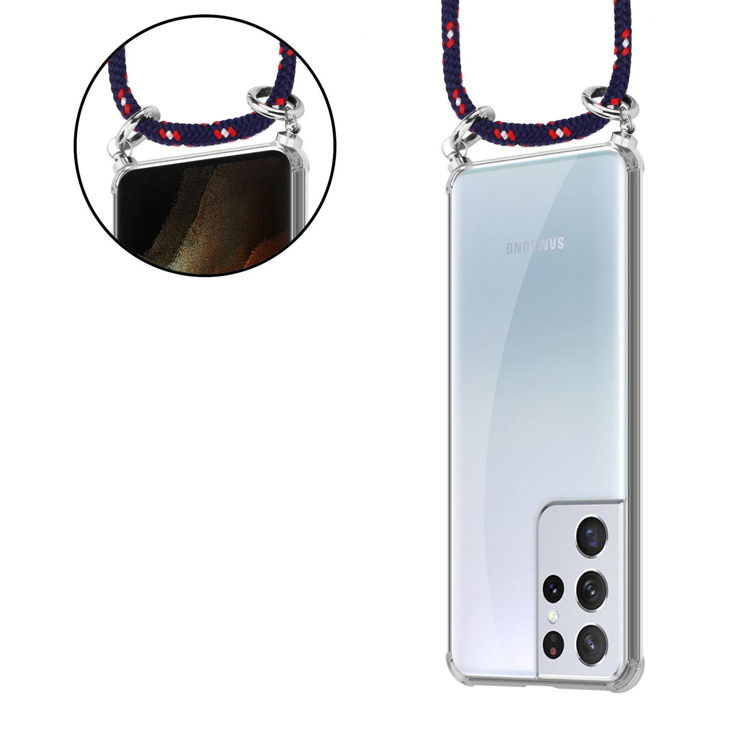 Telefon mit Lanyard und Hülle. Nahaufnahme des Telefons.