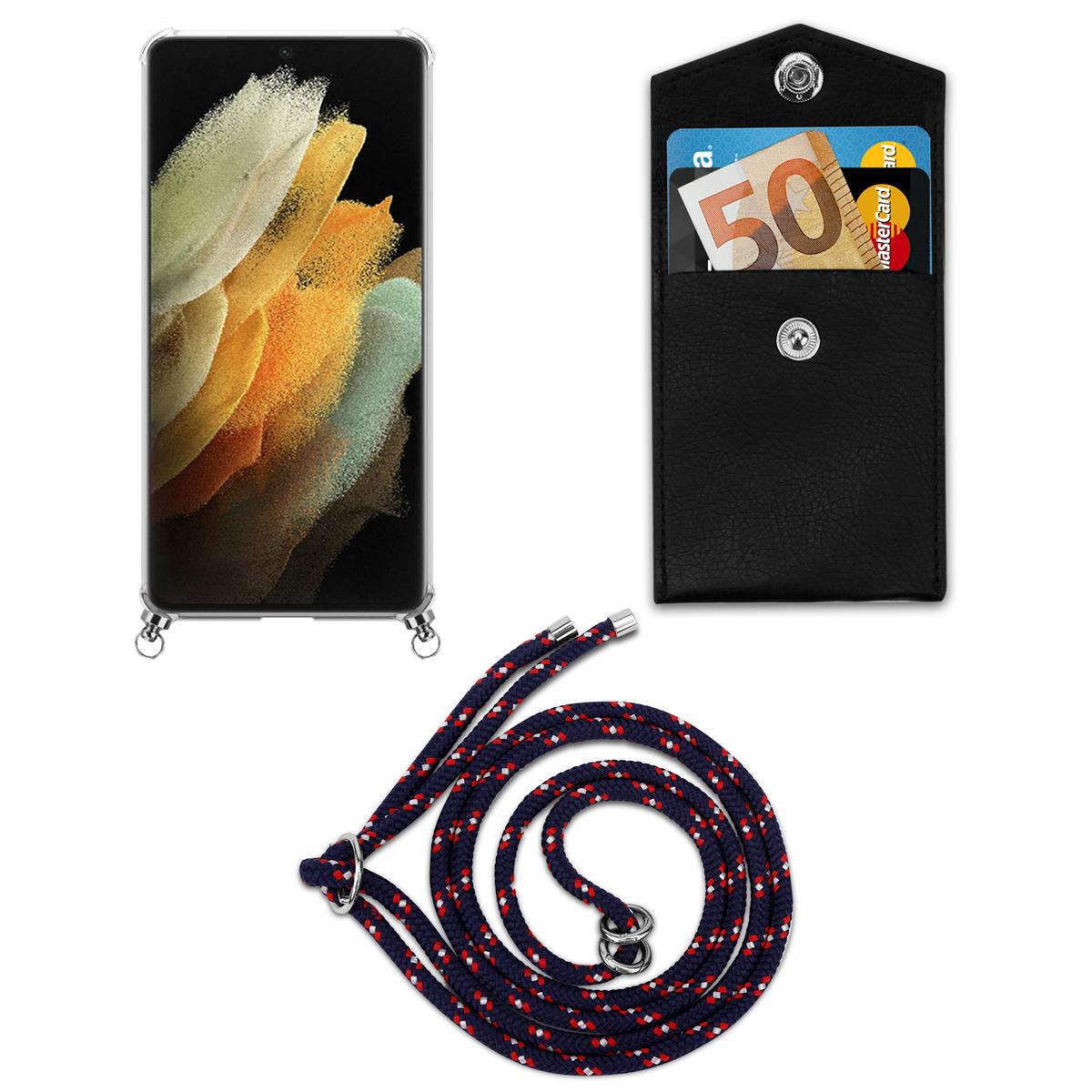 Telefon mit Riemen, schwarze Brieftasche mit Karten.