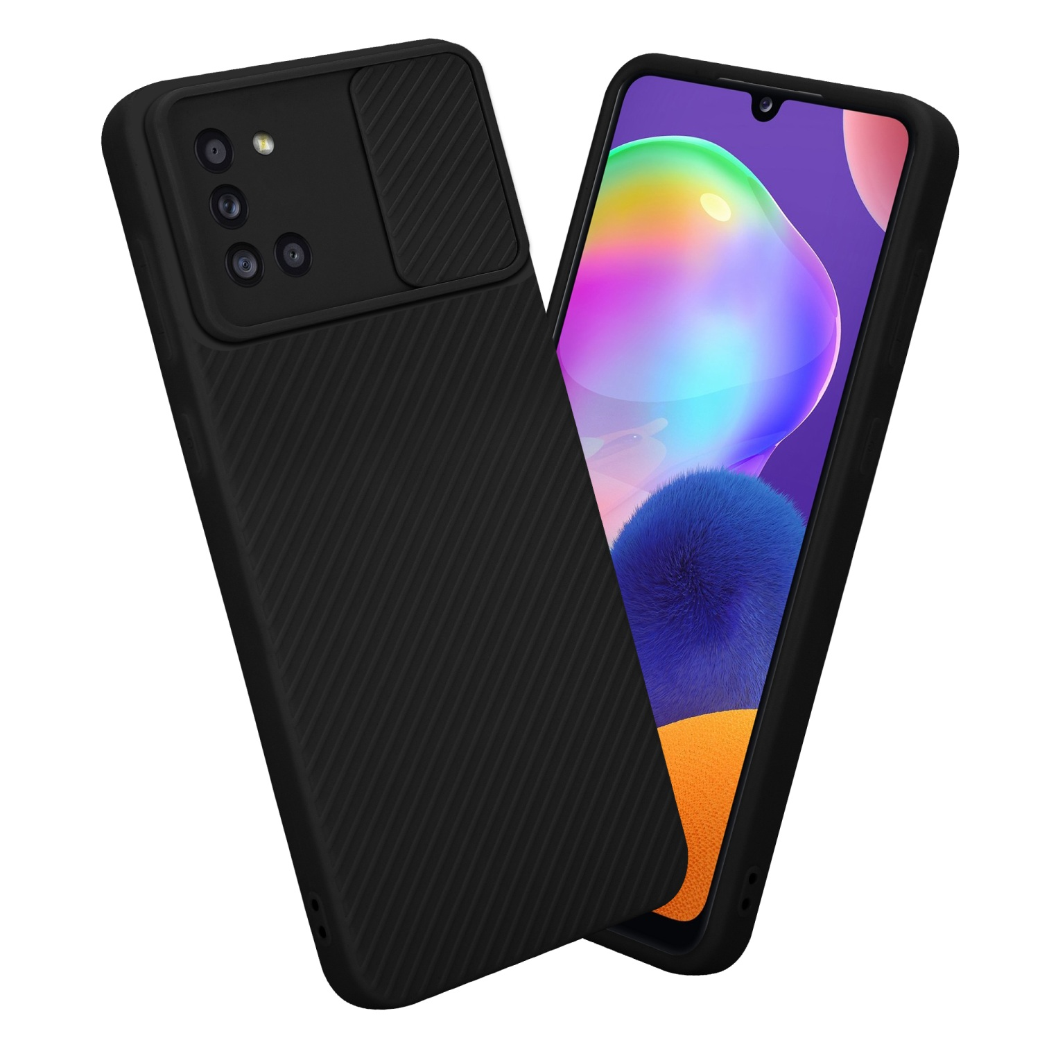 Zwei schwarze Handyhüllen, eine mit einem Telefon darin. Der Hintergrund ist weiß.