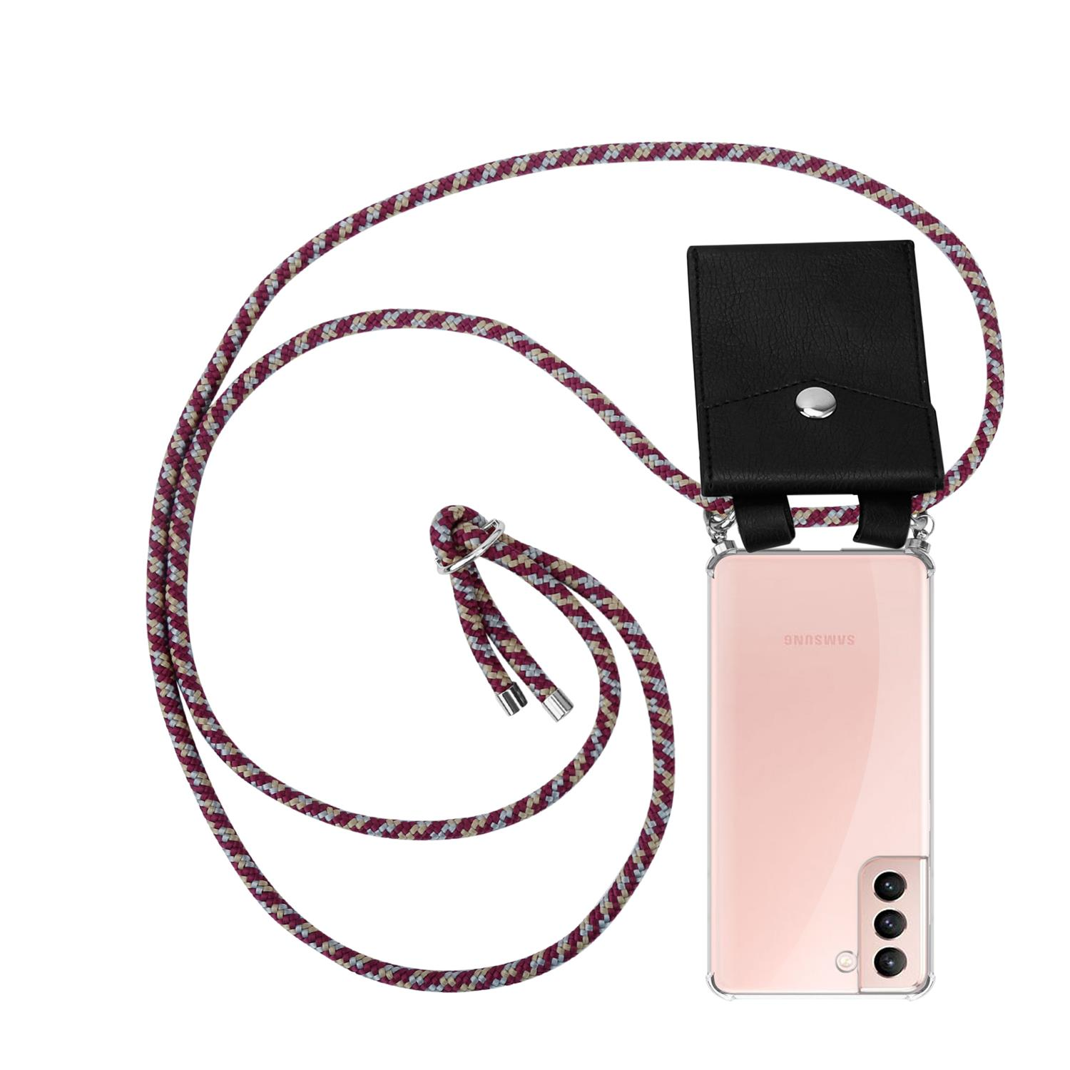 Telefon mit weinrotem Schlüsselband und schwarzem Handyhalter.