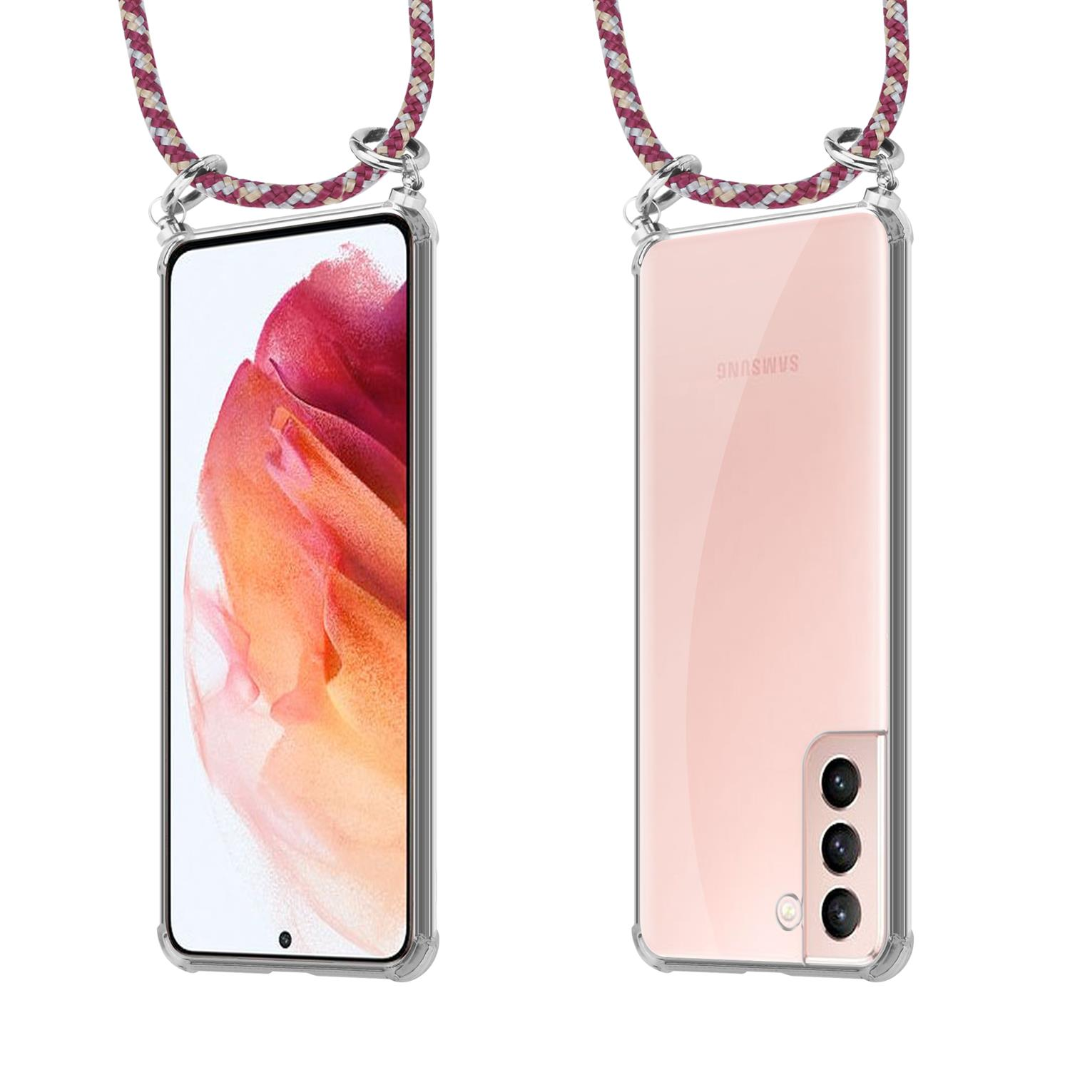 Telefon in einer transparenten Hülle mit Umhängeband. Rosa Telefonrückseite sichtbar. Umhängeband ist rosa und weiß.