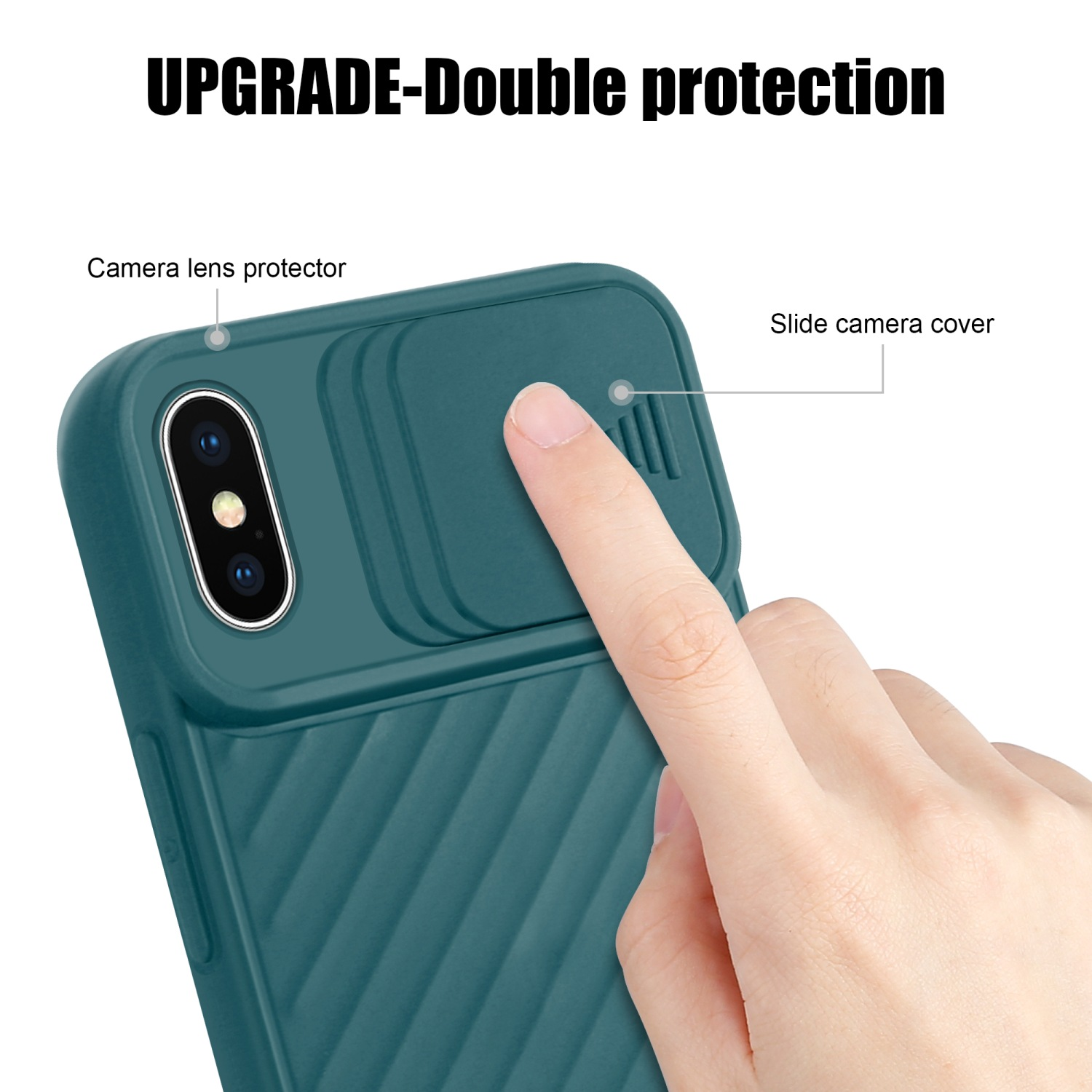 Türkis Handyhülle mit Kameraschieber. Text: Upgrade-Doppelschutz.
