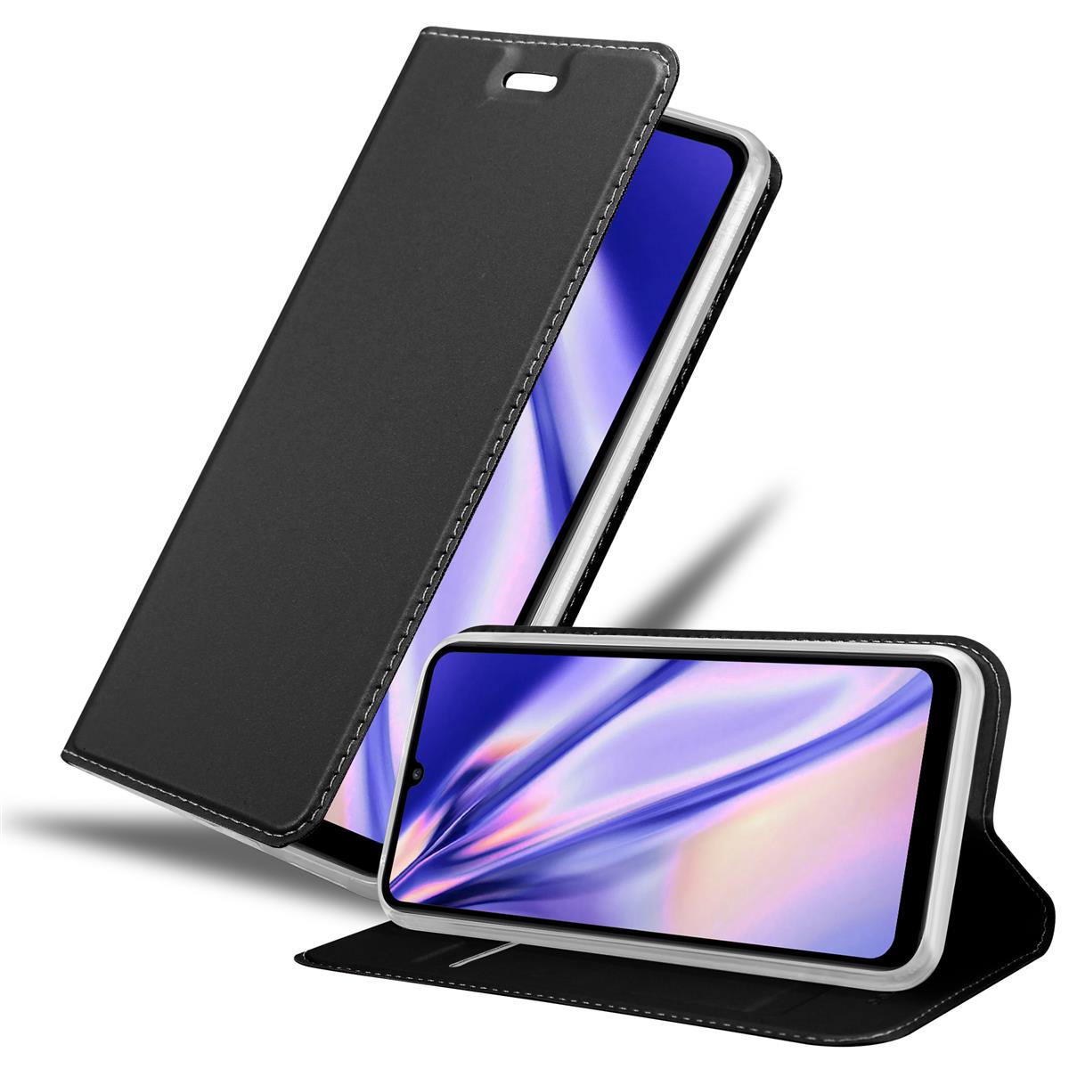 Schwarze Handyhülle, offen. Telefon ist unten. Weißer Hintergrund.