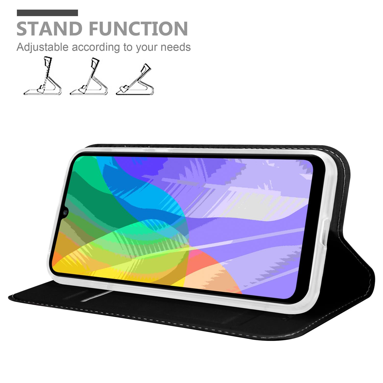 Schwarze Handyhülle mit Telefon, mit buntem Hintergrundbild, und Standfunktion mit Zeichnungen.