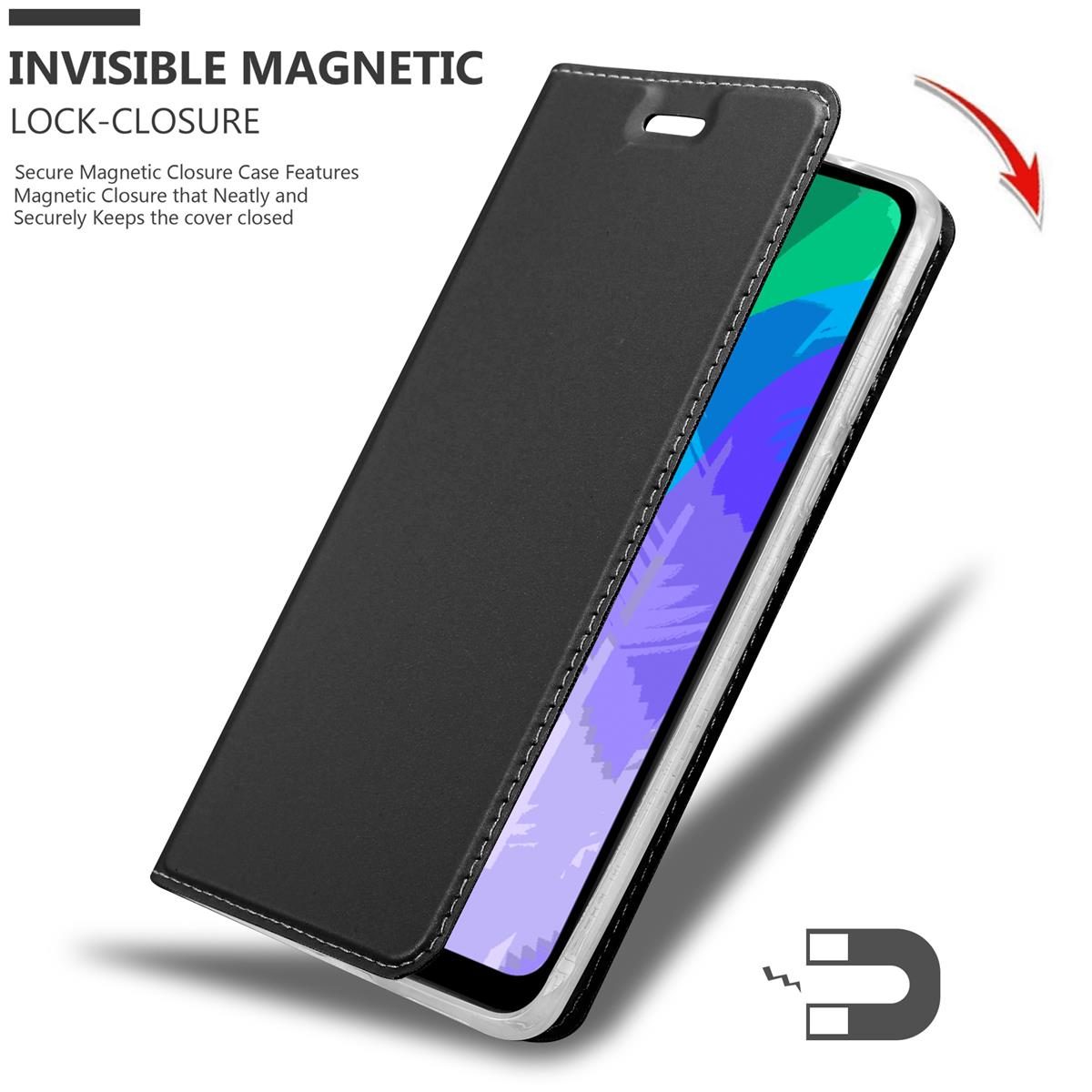 Schwarze Handyhülle geöffnet. Zeigt Telefon, mit magnetischen Schlossdetails.