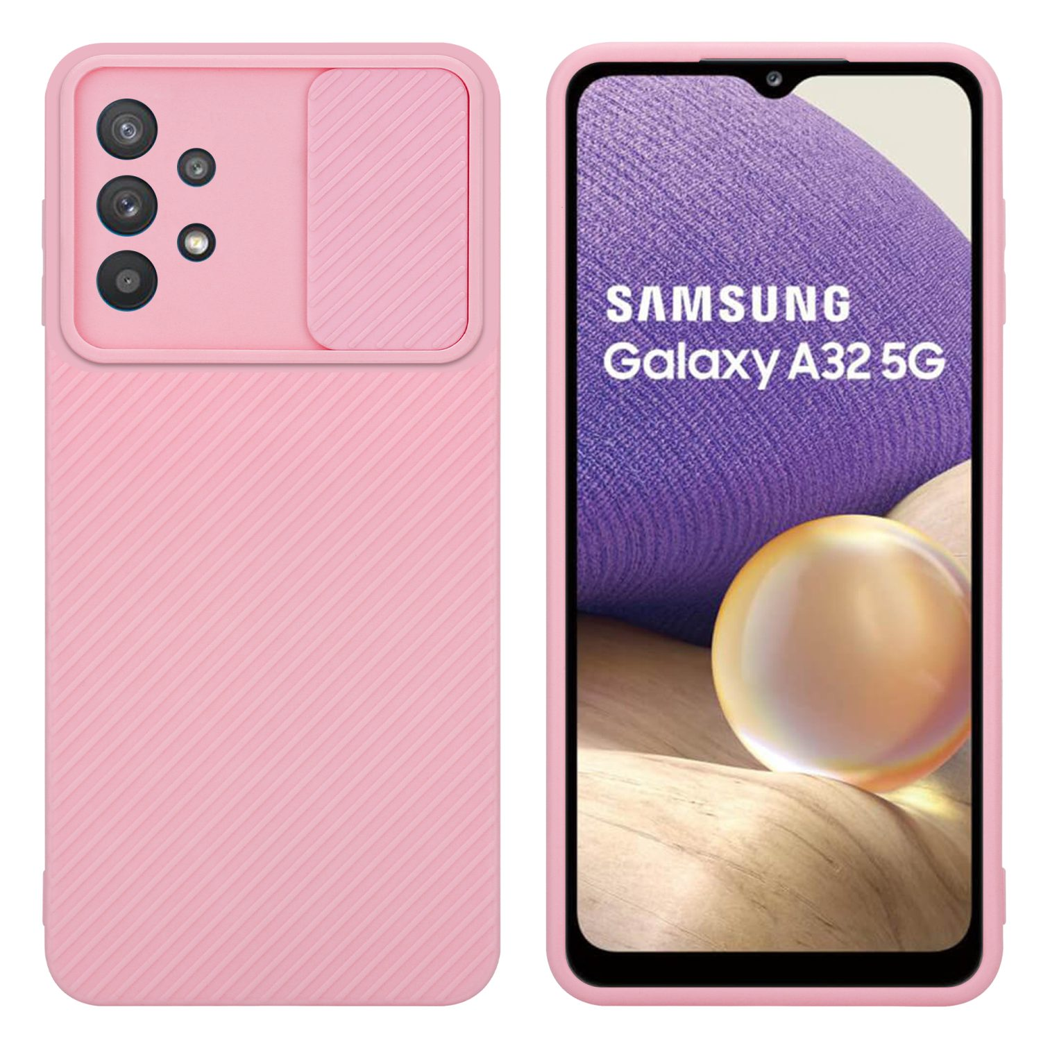 Rosa Handyhülle mit Kameraabdeckung und Telefon mit Samsung Galaxy A32 5G Logo.