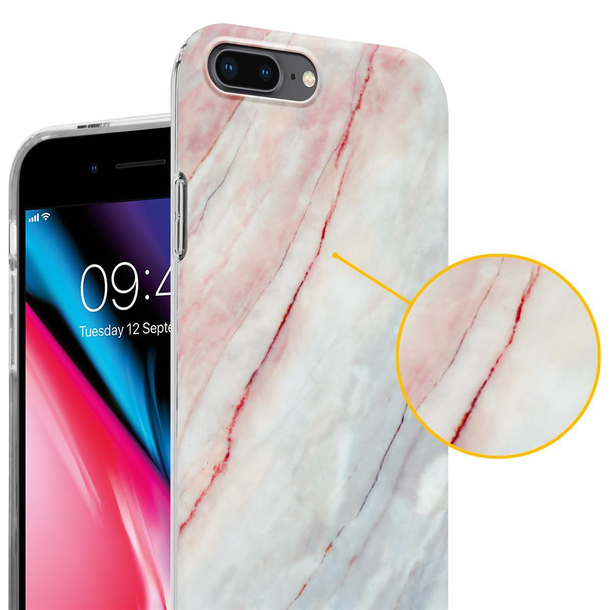 Marmor-Handyhülle auf einem Telefon. Nahaufnahme zeigt rote Adern im Marmormuster.
