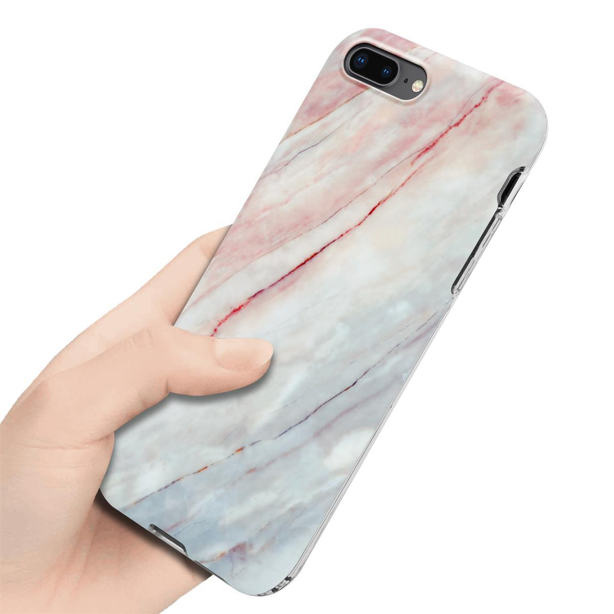 Hand hält ein Telefon mit einer marmorähnlichen Hülle. Die Hülle hat ein rosa-weißes Marmormuster.