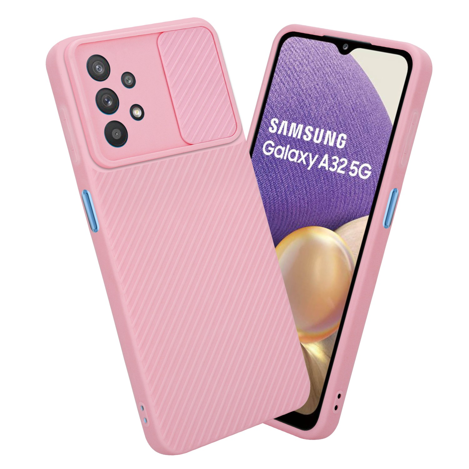 Rosa Handyhülle mit Kameraabdeckung. Ein Telefon mit dem Bildschirm, auf dem 'SAMSUNG Galaxy A32 5G' steht.
