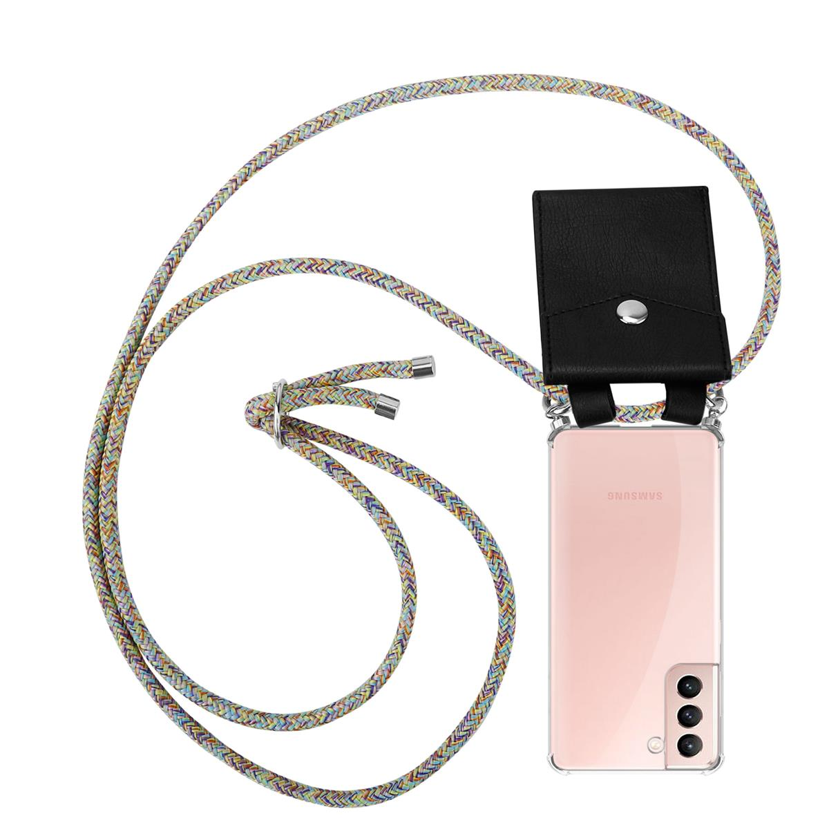 Ein rosa Telefon mit einem Schlüsselband. Das Schlüsselband ist mehrfarbig. Das Telefon hat eine transparente Hülle.