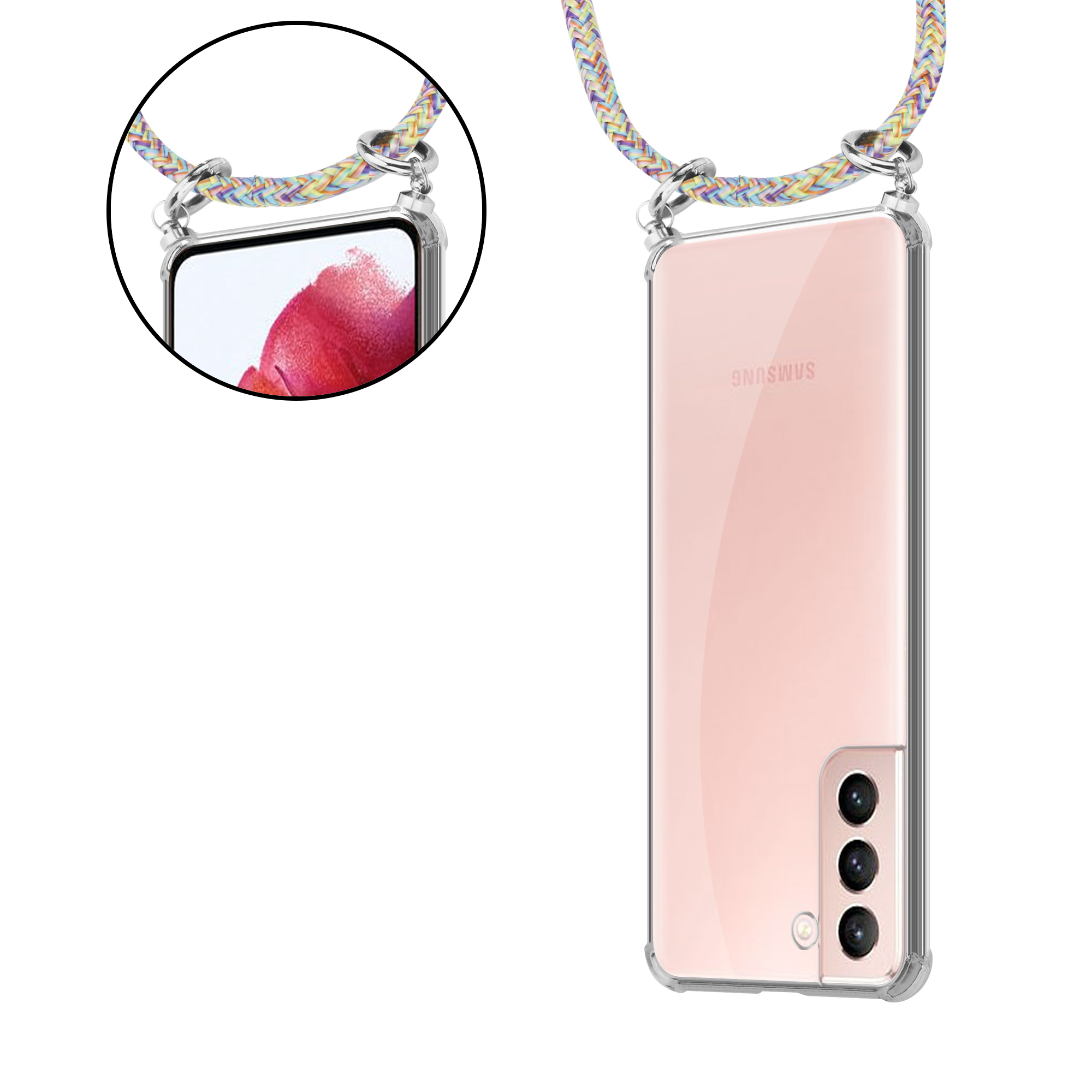 Zwei Ansichten einer Handyhülle mit buntem Lanyard. Das Telefon hat einen rosa Farbverlauf.