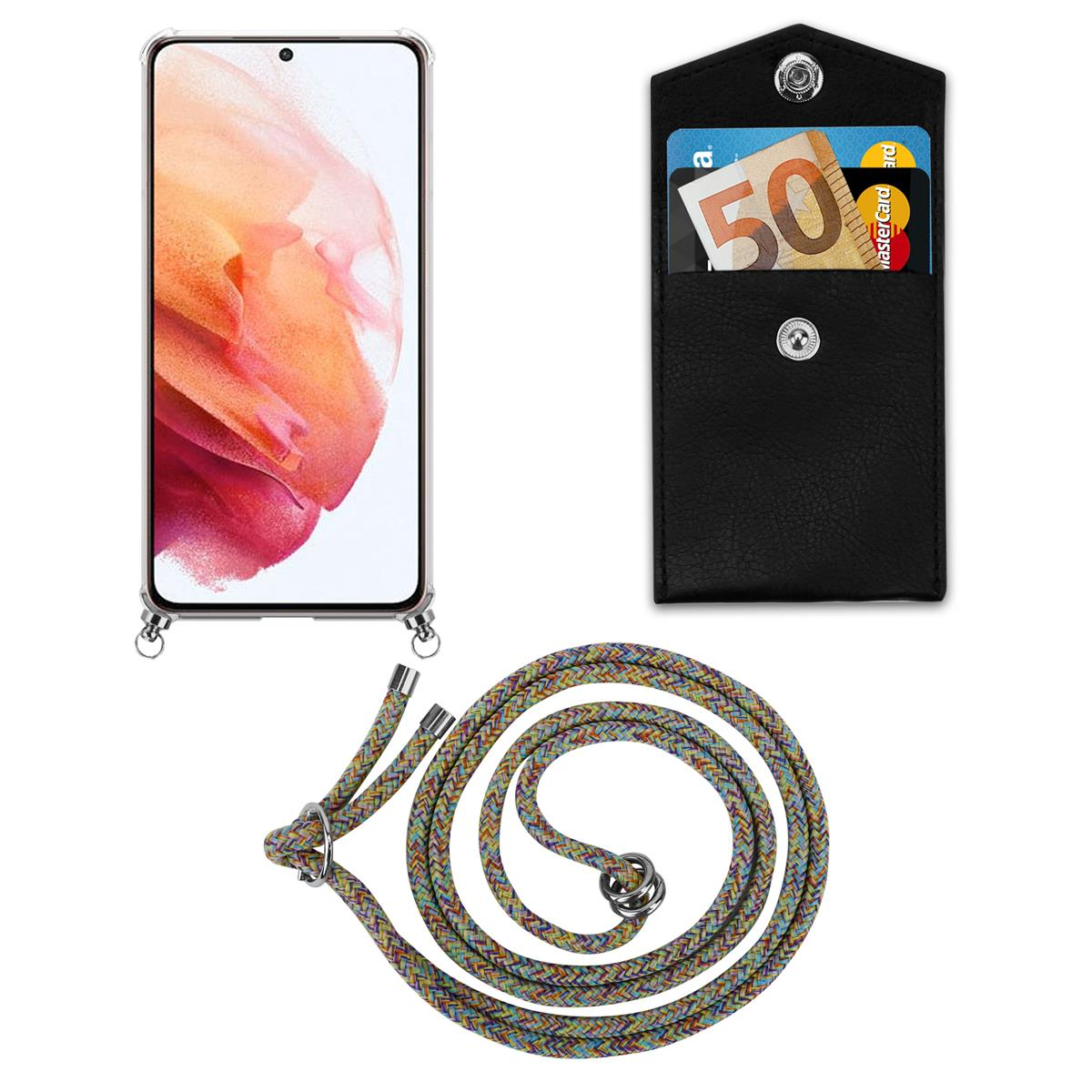 Ein Telefon mit einem Lanyard und eine separate Geldbörse mit Karten. Das Lanyard hat ein mehrfarbiges Seil.