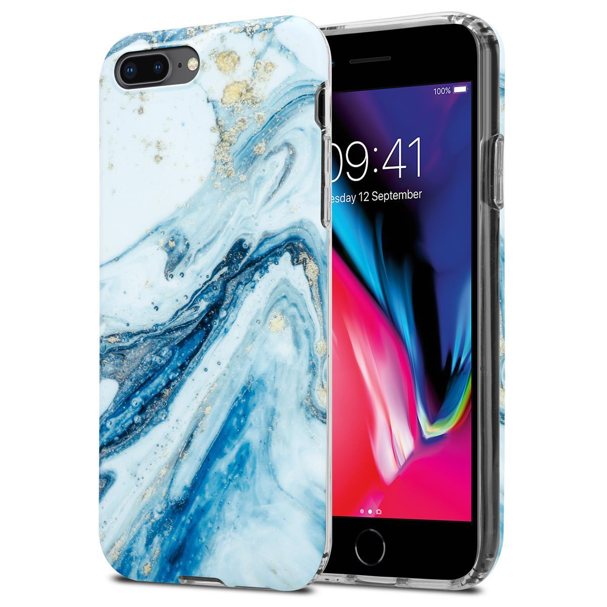 Telefon mit marmoriertem Gehäuse, das ein Telefon zeigt. Das Gehäuse hat Blau und Gold.