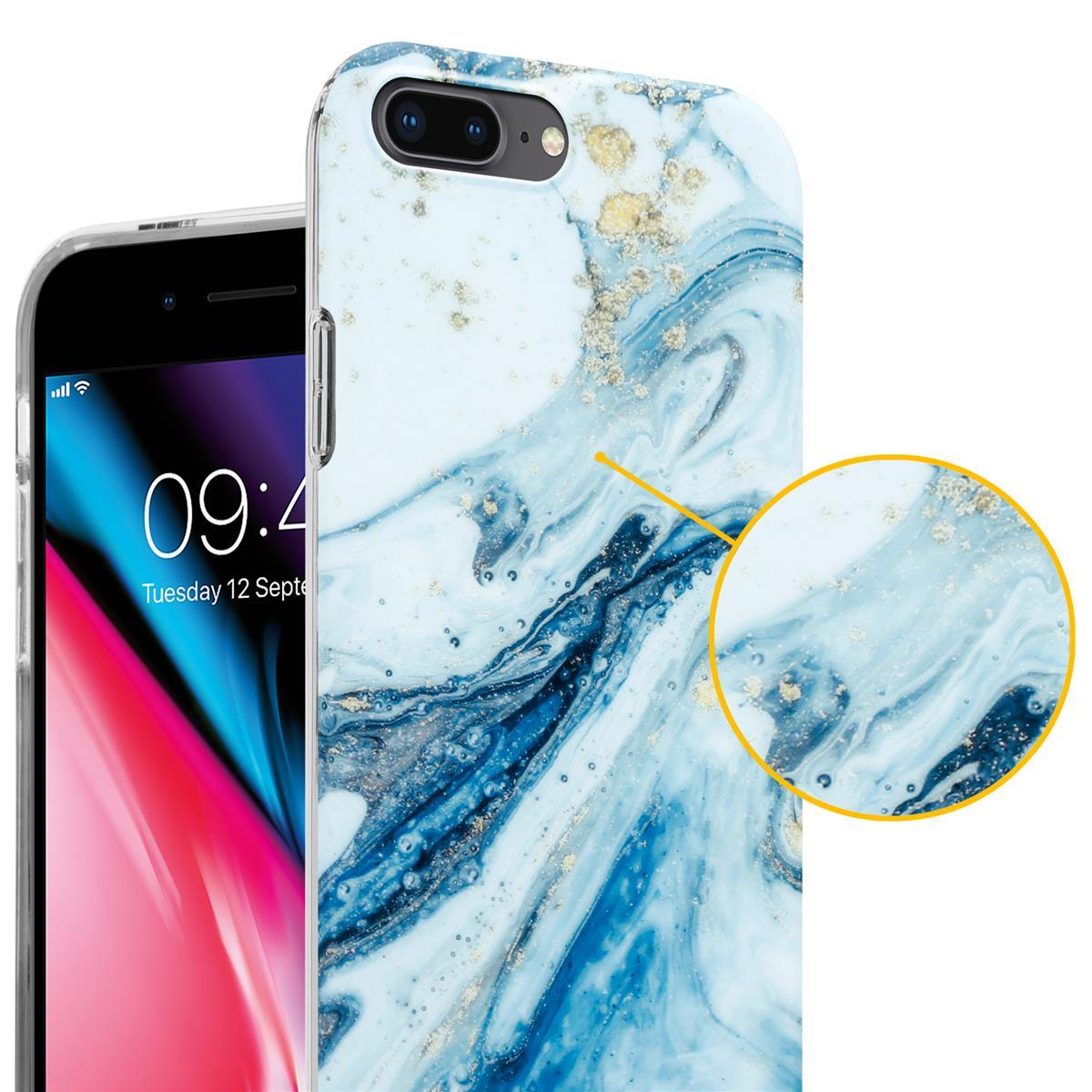 Eine weiß-blaue Marmor-Handyhülle mit einem Telefon daneben. Eine vergrößerte Ansicht zeigt die Marmorstruktur.