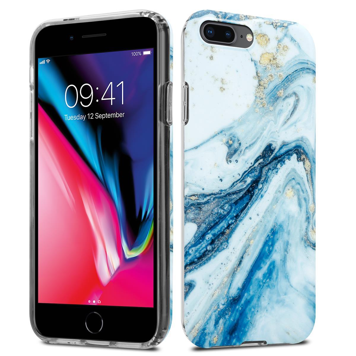 Handyhülle mit Marmordesign und ein Handy, das Zeit und Datum anzeigt.