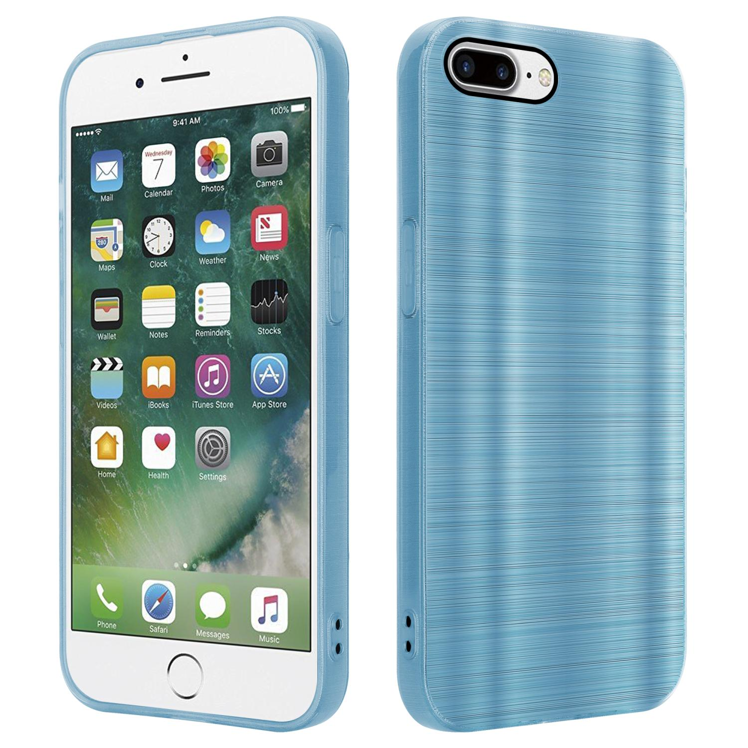 iPhone mit blauem Gehäuse. Das Gehäuse ist links und die Rückseite rechts, beide mit gebürsteter Textur.