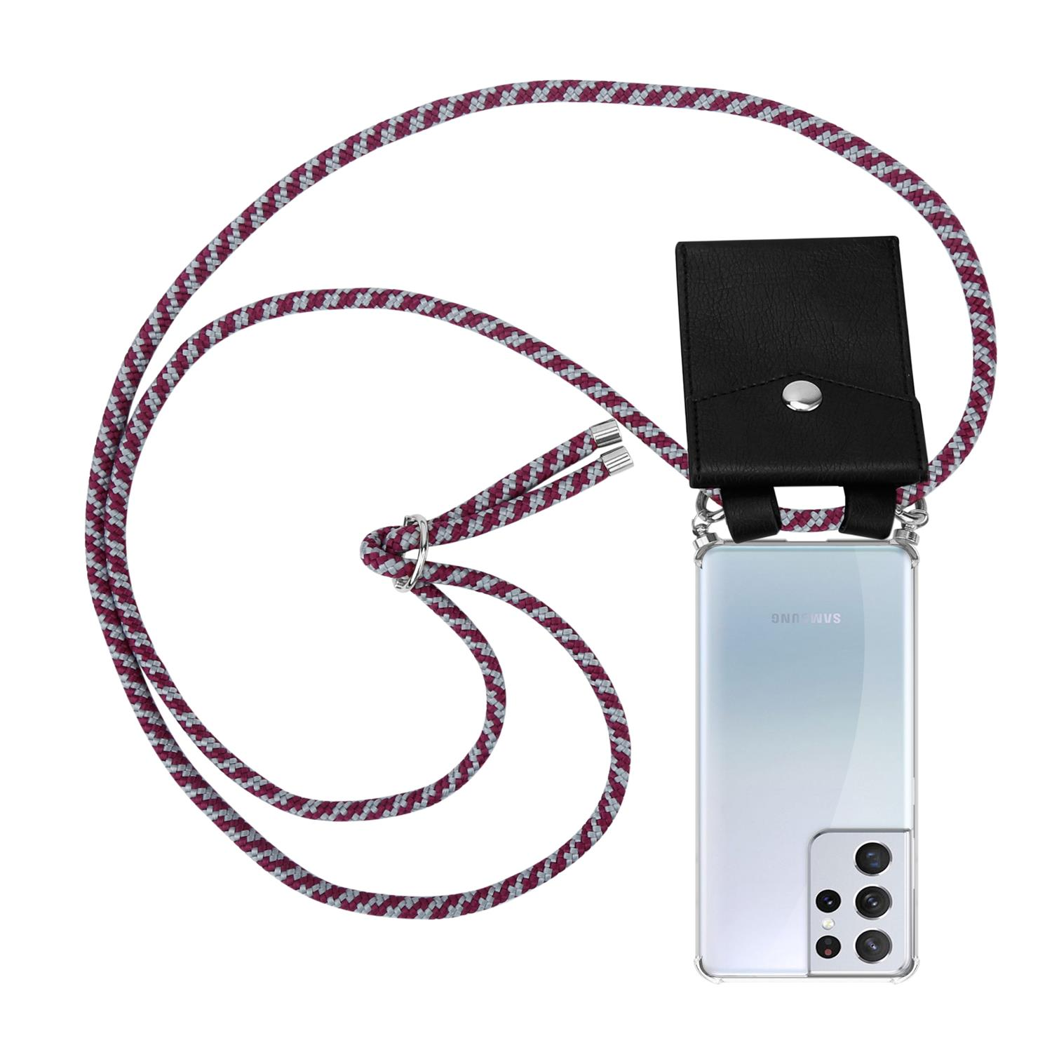 Ein Telefon mit Lanyard-Hülle. Das Telefon ist durchsichtig, ein Samsung ist sichtbar, mit farblich passendem Lanyard.