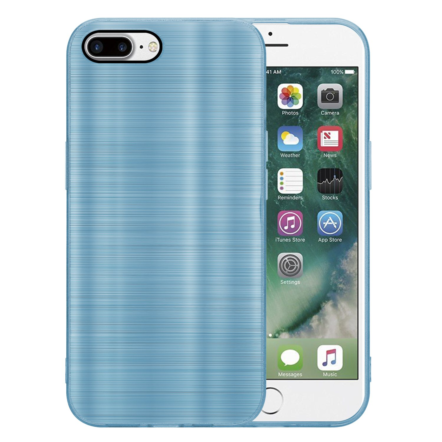 Blaue Handyhülle auf einem weißen Telefon. Das Telefon zeigt einen Home-Bildschirm.