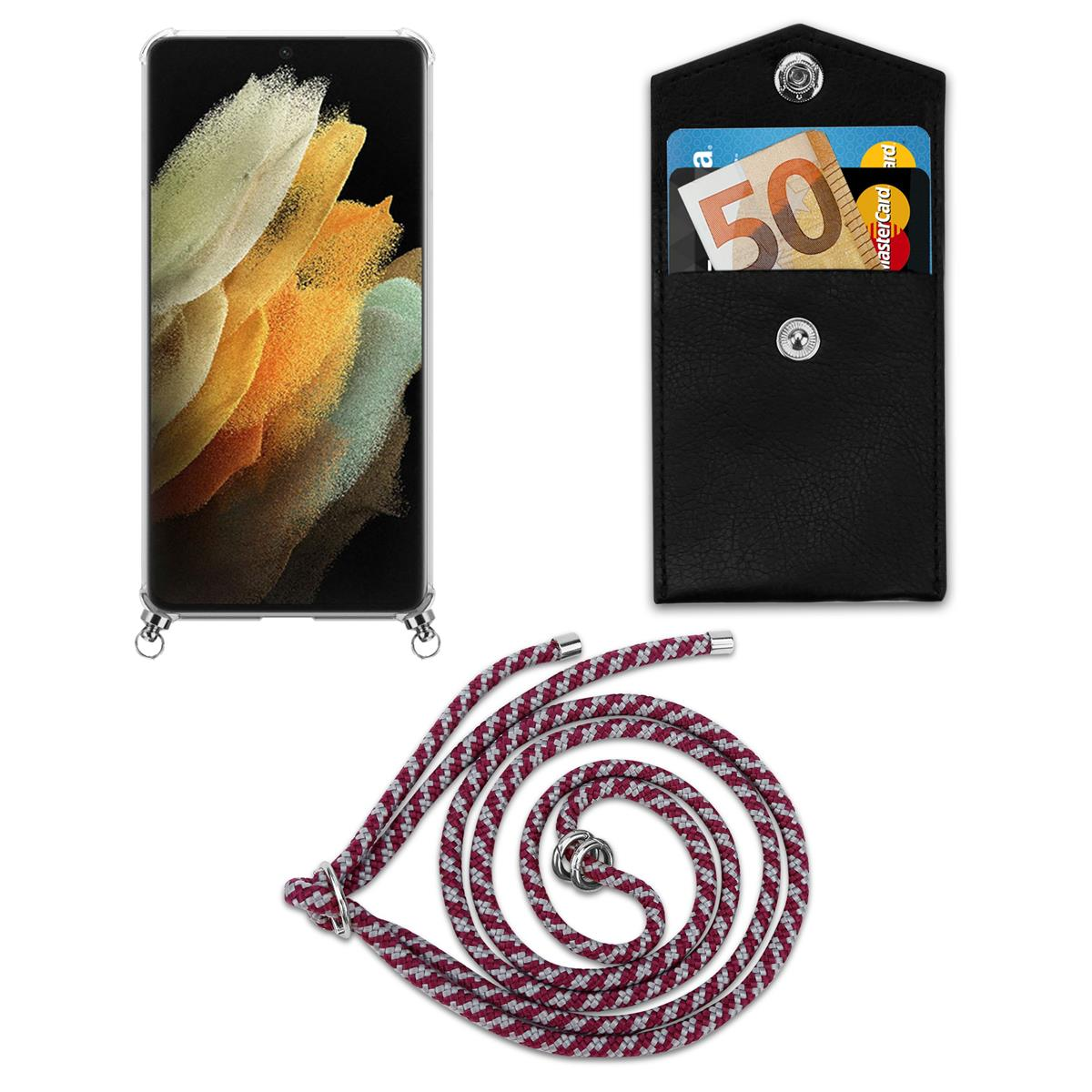 Ein Telefon mit Riemen, Karten und einem schwarzen Kartenhalter. Der Riemen ist rot, weiß und grau.