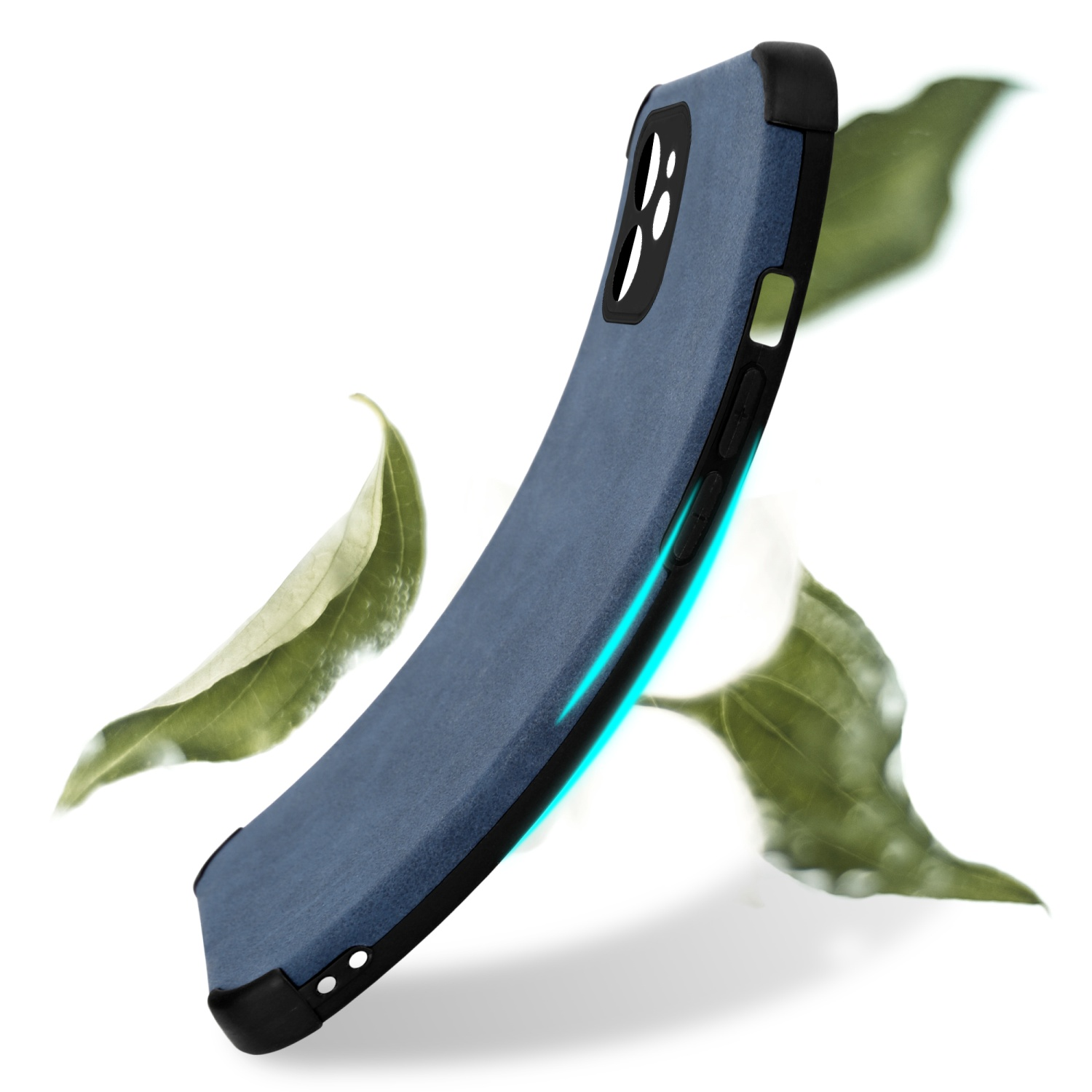 Eine gebogene blaue Handyhülle mit schwarzen Rändern und einem Telefon. Blätter scheinen in der Nähe zu schweben.