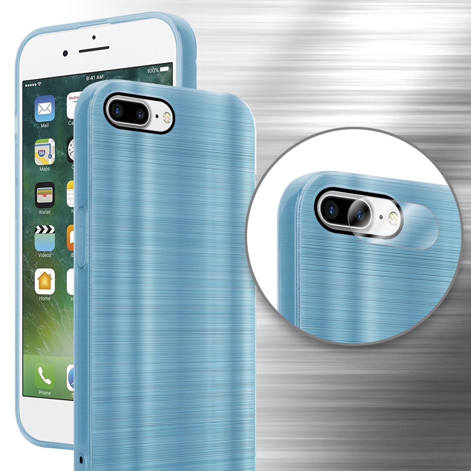 Blaue Handyhülle. Ein Telefon mit blauem Bildschirm ist darin. Nahaufnahme der Kamera.